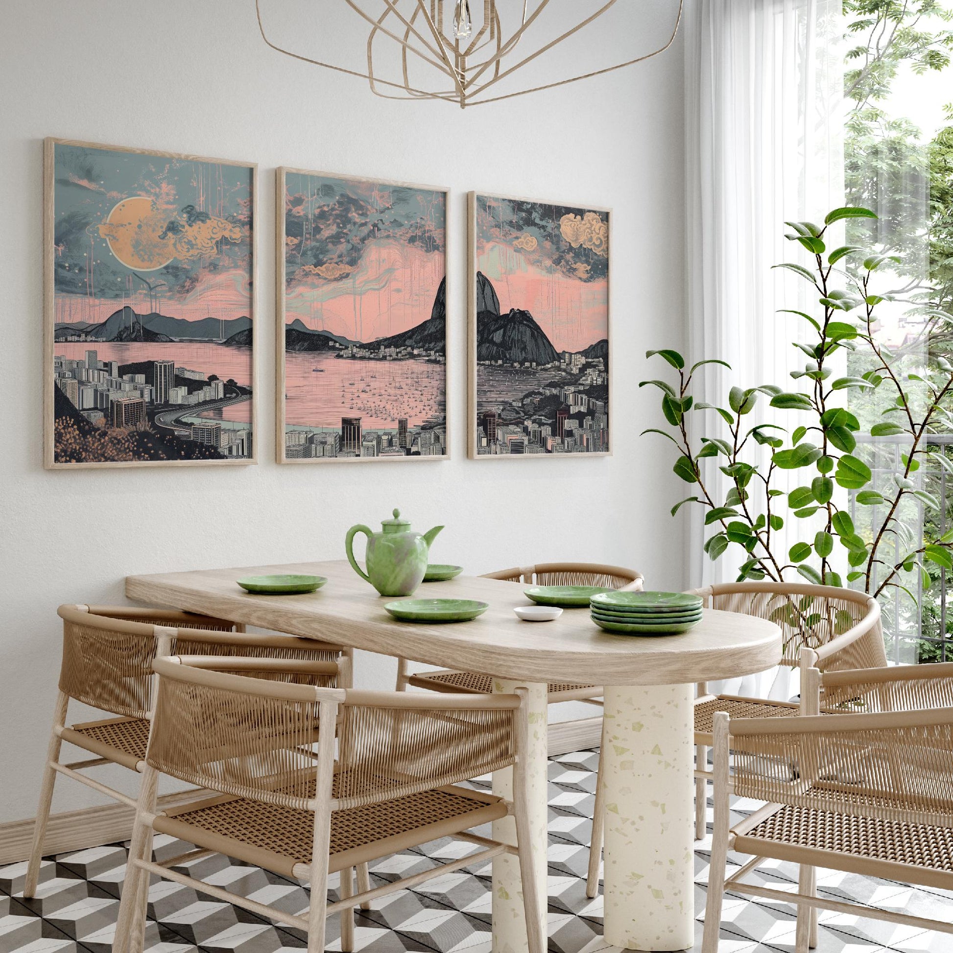 Rio de Janeiro Skyline Set of Three Art Prints - Sugarloaf Guanabara Bay Panorama - Pink Grey Line Illustration Poster Wall Decor
