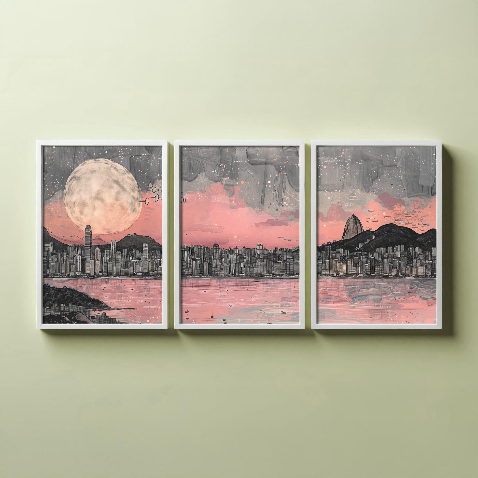 Rio de Janeiro Skyline Set of Three Prints V2 - Sugarloaf Mountain Full Moon Panorama - Pink Grey Line Art Illustration Poster
