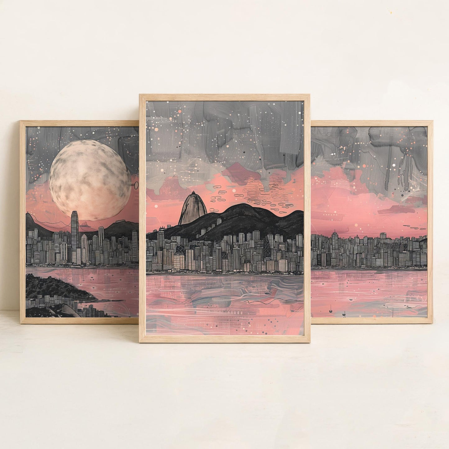 Rio de Janeiro Skyline Set of Three Prints V2 - Sugarloaf Mountain Full Moon Panorama - Pink Grey Line Art Illustration Poster