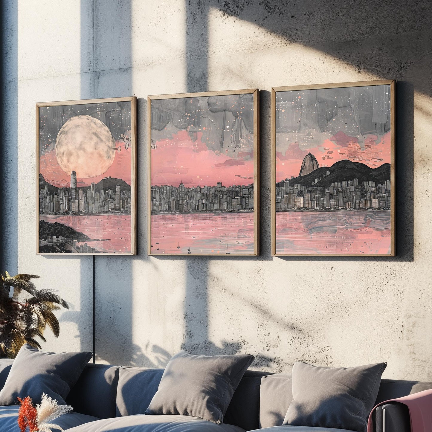 Rio de Janeiro Skyline Set of Three Prints V2 - Sugarloaf Mountain Full Moon Panorama - Pink Grey Line Art Illustration Poster