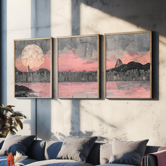 Rio de Janeiro Skyline Set of Three Prints V2 - Sugarloaf Mountain Full Moon Panorama - Pink Grey Line Art Illustration Poster