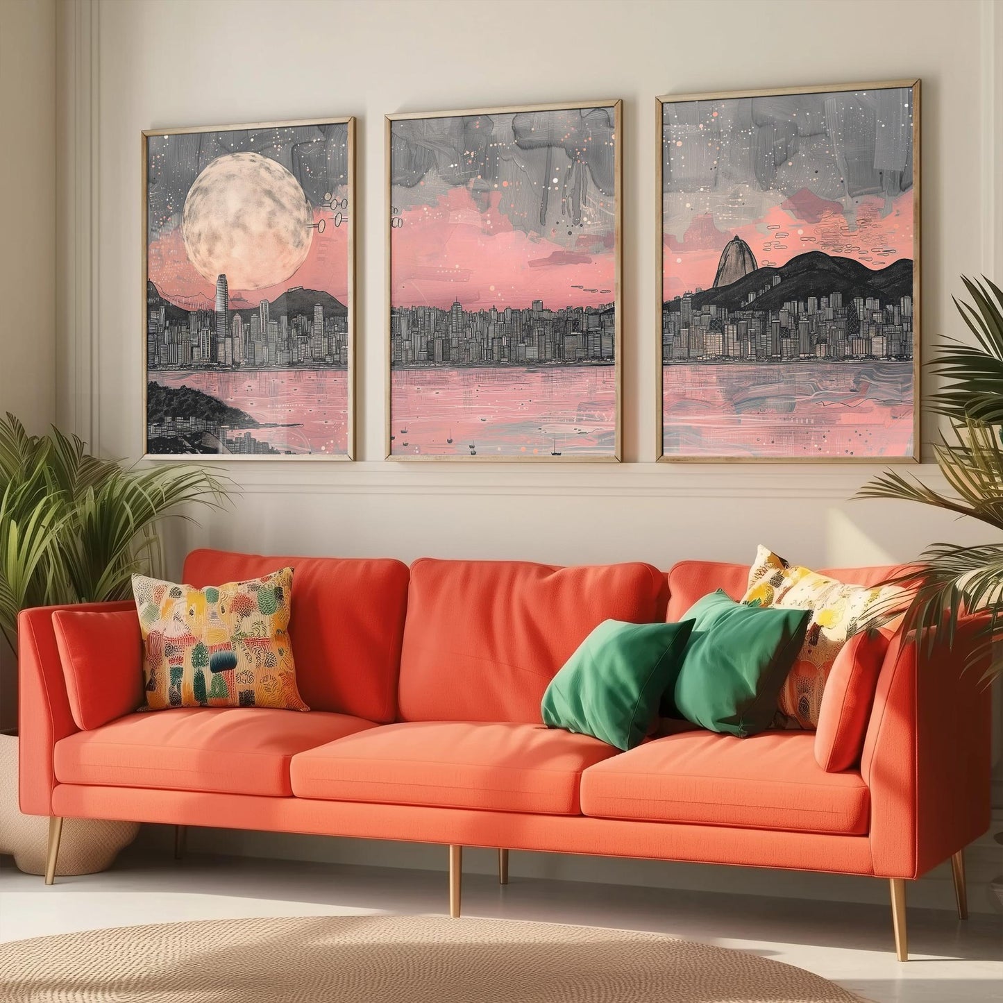 Rio de Janeiro Skyline Set of Three Prints V2 - Sugarloaf Mountain Full Moon Panorama - Pink Grey Line Art Illustration Poster