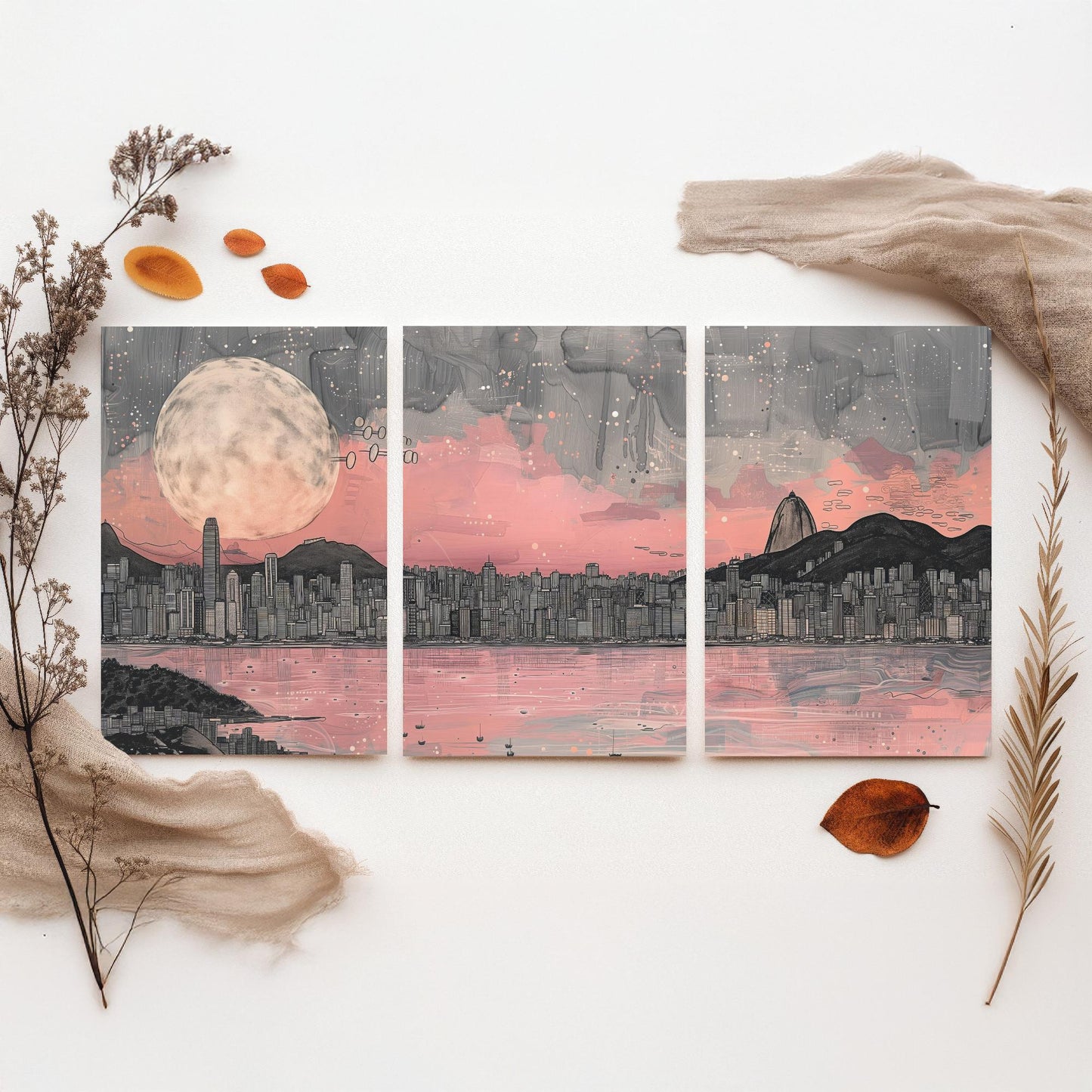 Rio de Janeiro Skyline Set of Three Prints V2 - Sugarloaf Mountain Full Moon Panorama - Pink Grey Line Art Illustration Poster