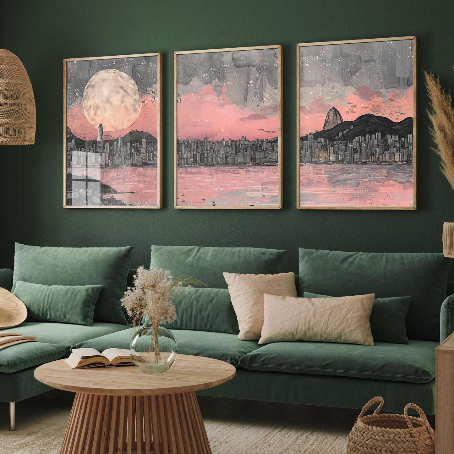 Rio de Janeiro Skyline Set of Three Prints V2 - Sugarloaf Mountain Full Moon Panorama - Pink Grey Line Art Illustration Poster