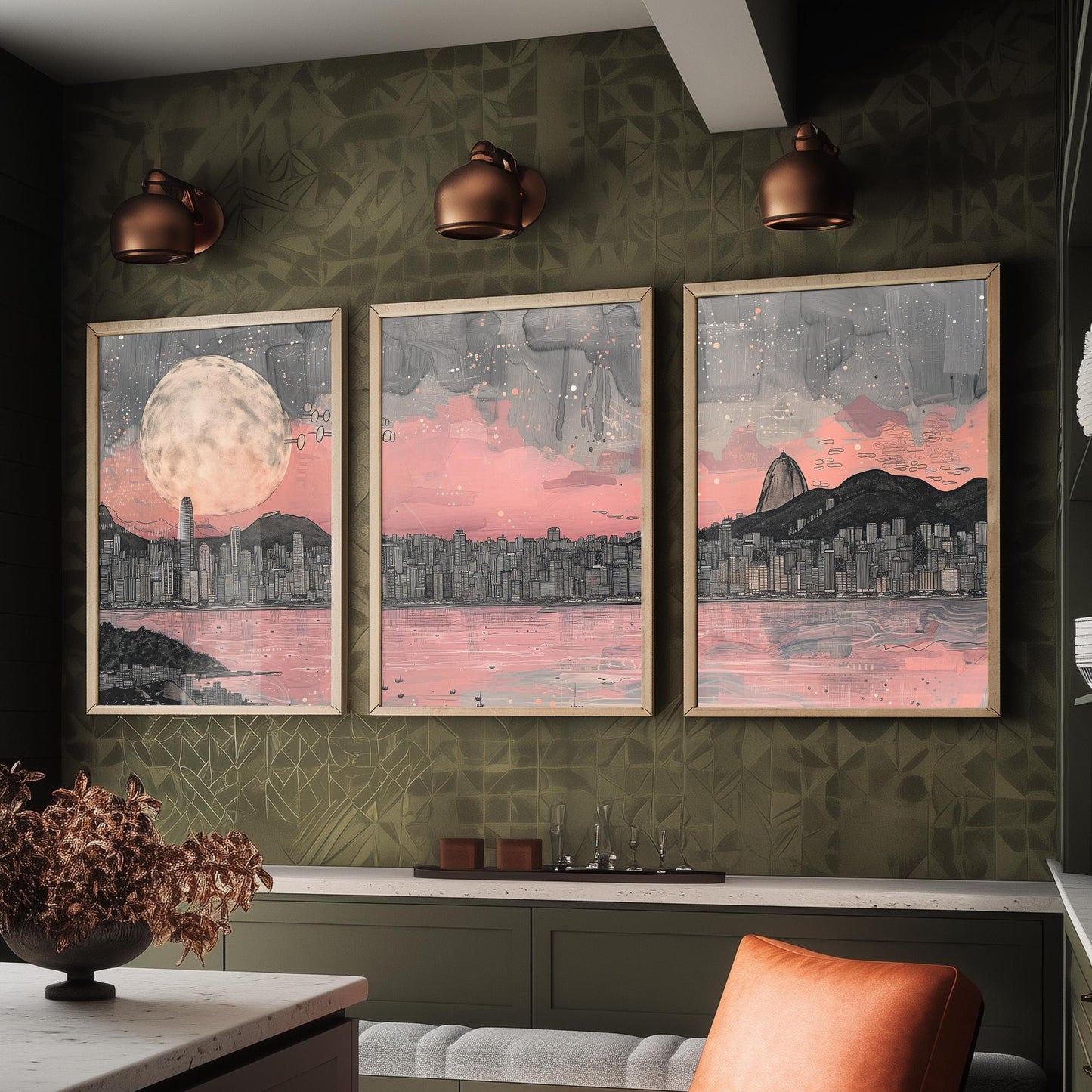 Rio de Janeiro Skyline Set of Three Prints V2 - Sugarloaf Mountain Full Moon Panorama - Pink Grey Line Art Illustration Poster