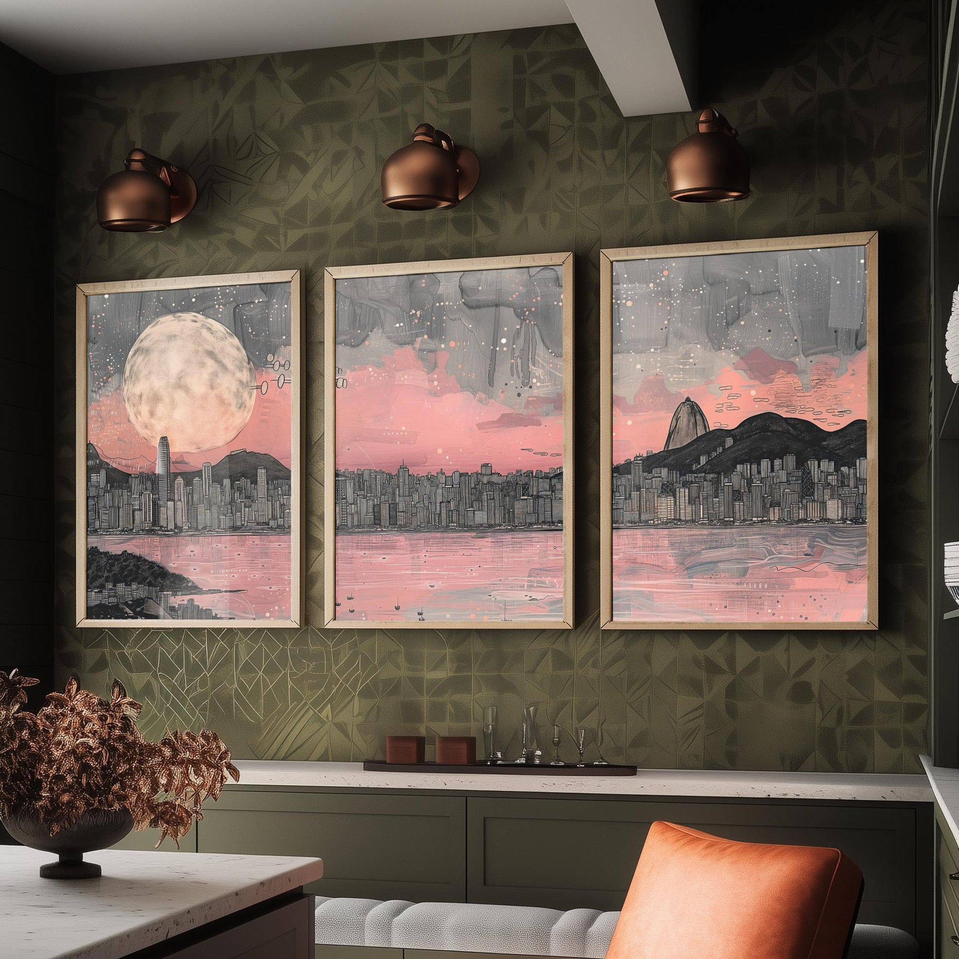 Rio de Janeiro Skyline Set of Three Prints V2 - Sugarloaf Mountain Full Moon Panorama - Pink Grey Line Art Illustration Poster