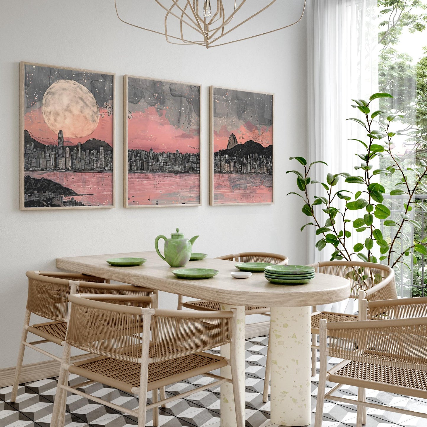 Rio de Janeiro Skyline Set of Three Prints V2 - Sugarloaf Mountain Full Moon Panorama - Pink Grey Line Art Illustration Poster