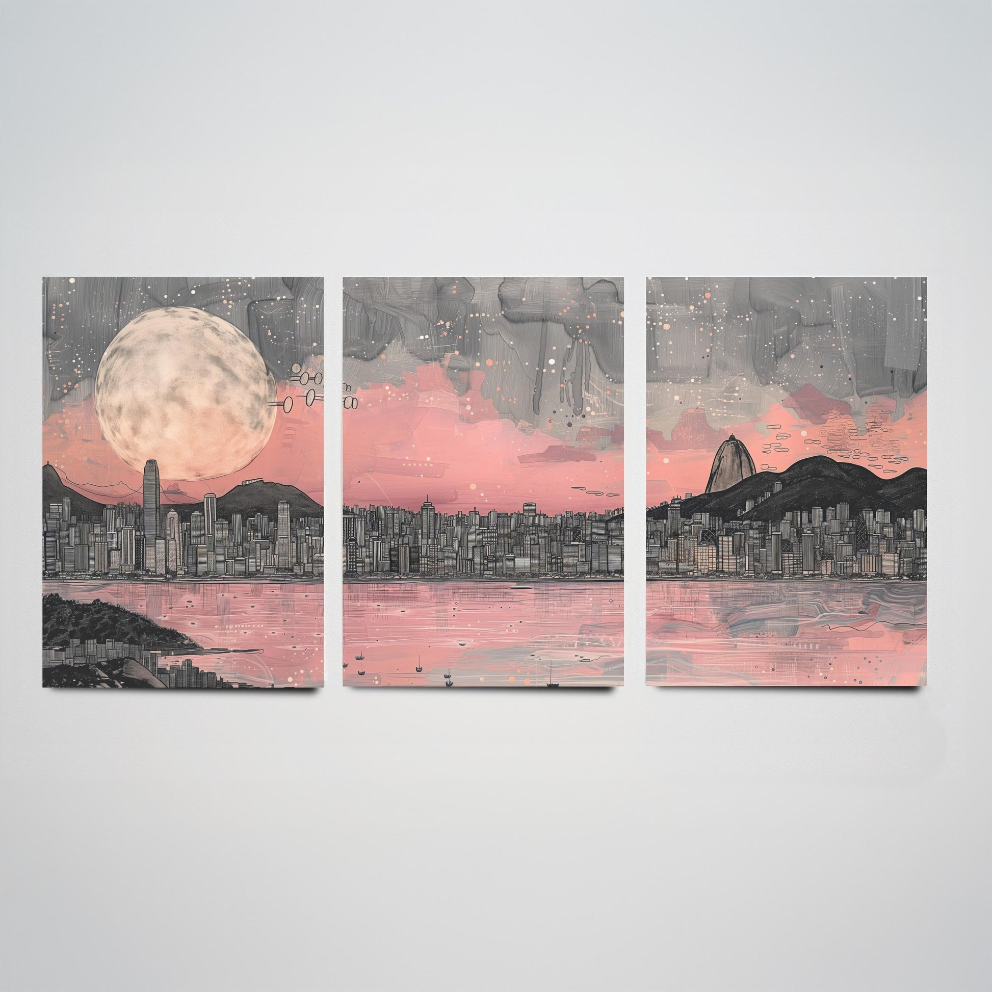 Rio de Janeiro Skyline Set of Three Prints V2 - Sugarloaf Mountain Full Moon Panorama - Pink Grey Line Art Illustration Poster