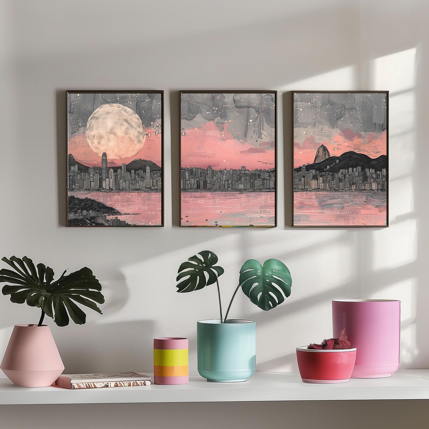 Rio de Janeiro Skyline Set of Three Prints V2 - Sugarloaf Mountain Full Moon Panorama - Pink Grey Line Art Illustration Poster