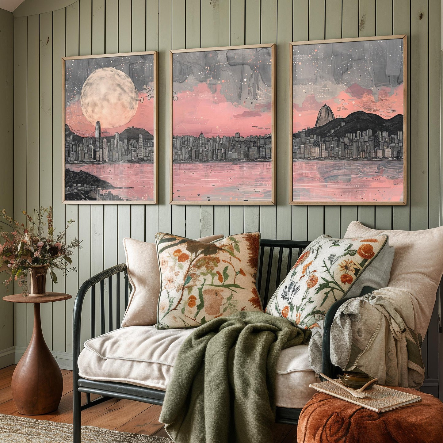 Rio de Janeiro Skyline Set of Three Prints V2 - Sugarloaf Mountain Full Moon Panorama - Pink Grey Line Art Illustration Poster