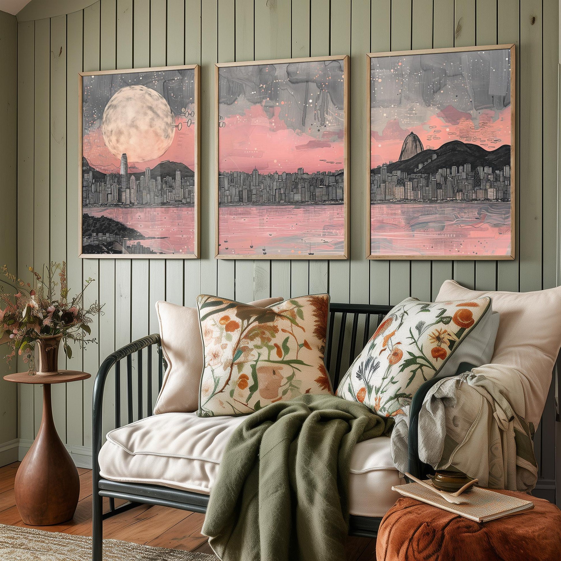 Rio de Janeiro Skyline Set of Three Prints V2 - Sugarloaf Mountain Full Moon Panorama - Pink Grey Line Art Illustration Poster