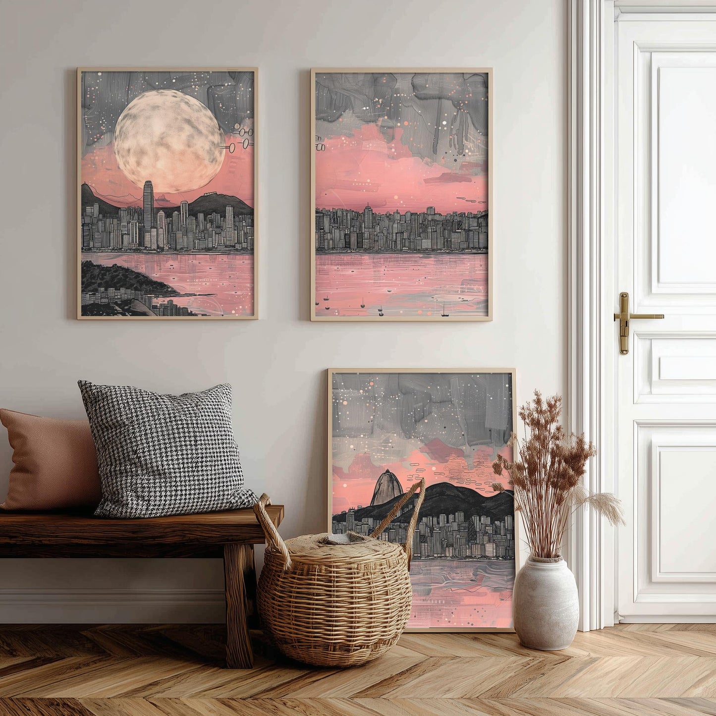 Rio de Janeiro Skyline Set of Three Prints V2 - Sugarloaf Mountain Full Moon Panorama - Pink Grey Line Art Illustration Poster