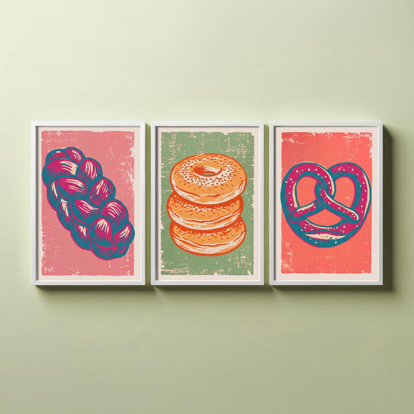 Challah, Bagel Stack and Pretzel - Set of Three Bread and Bakery Art Prints - Linocut Illustrations - Kitchen Posters V2
