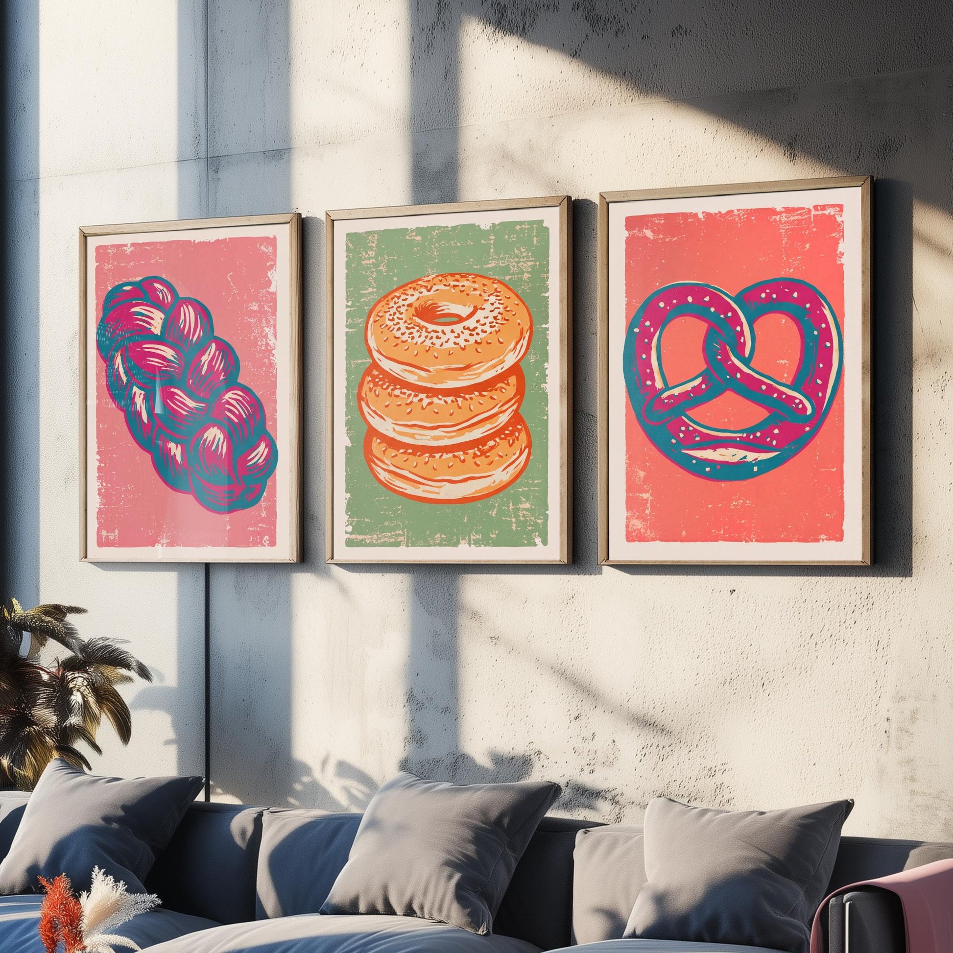 Challah, Bagel Stack and Pretzel - Set of Three Bread and Bakery Art Prints - Linocut Illustrations - Kitchen Posters V2