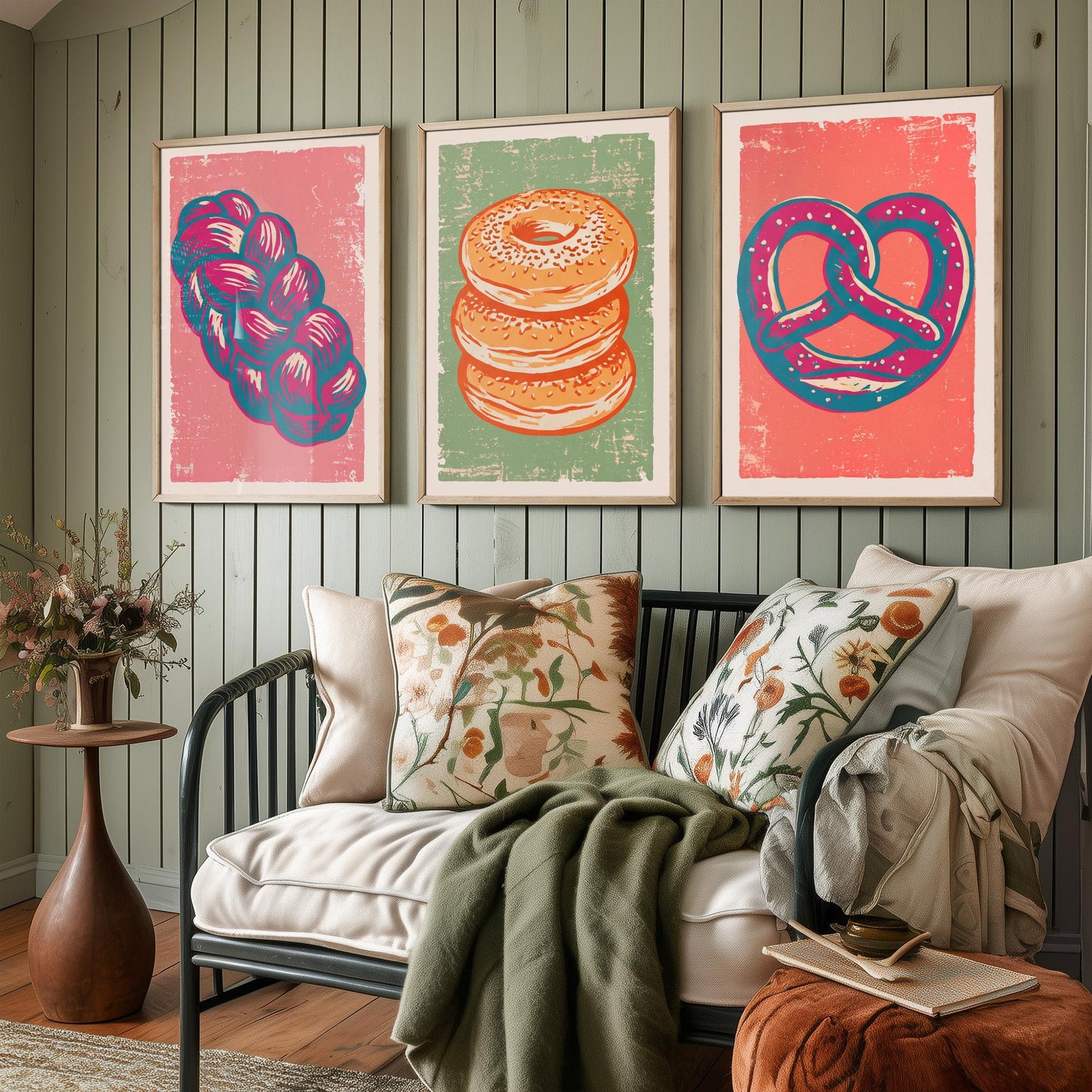 Challah, Bagel Stack and Pretzel - Set of Three Bread and Bakery Art Prints - Linocut Illustrations - Kitchen Posters V2