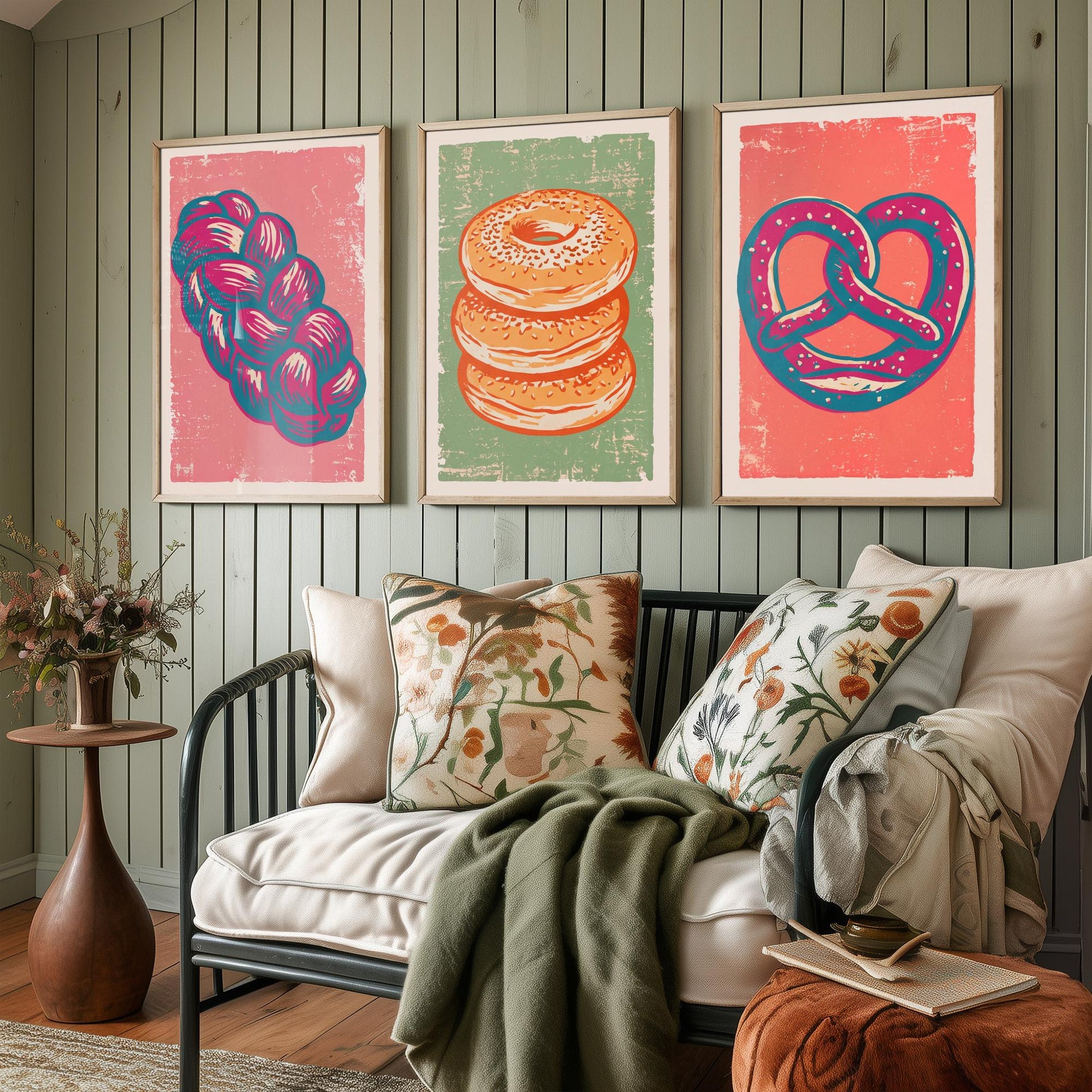 Challah, Bagel Stack and Pretzel - Set of Three Bread and Bakery Art Prints - Linocut Illustrations - Kitchen Posters V2