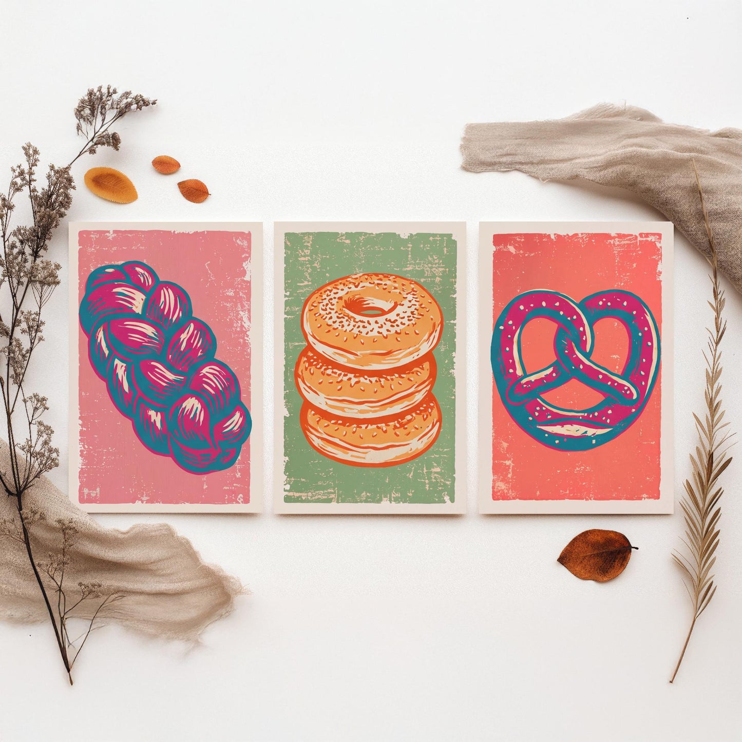 Challah, Bagel Stack and Pretzel - Set of Three Bread and Bakery Art Prints - Linocut Illustrations - Kitchen Posters V2