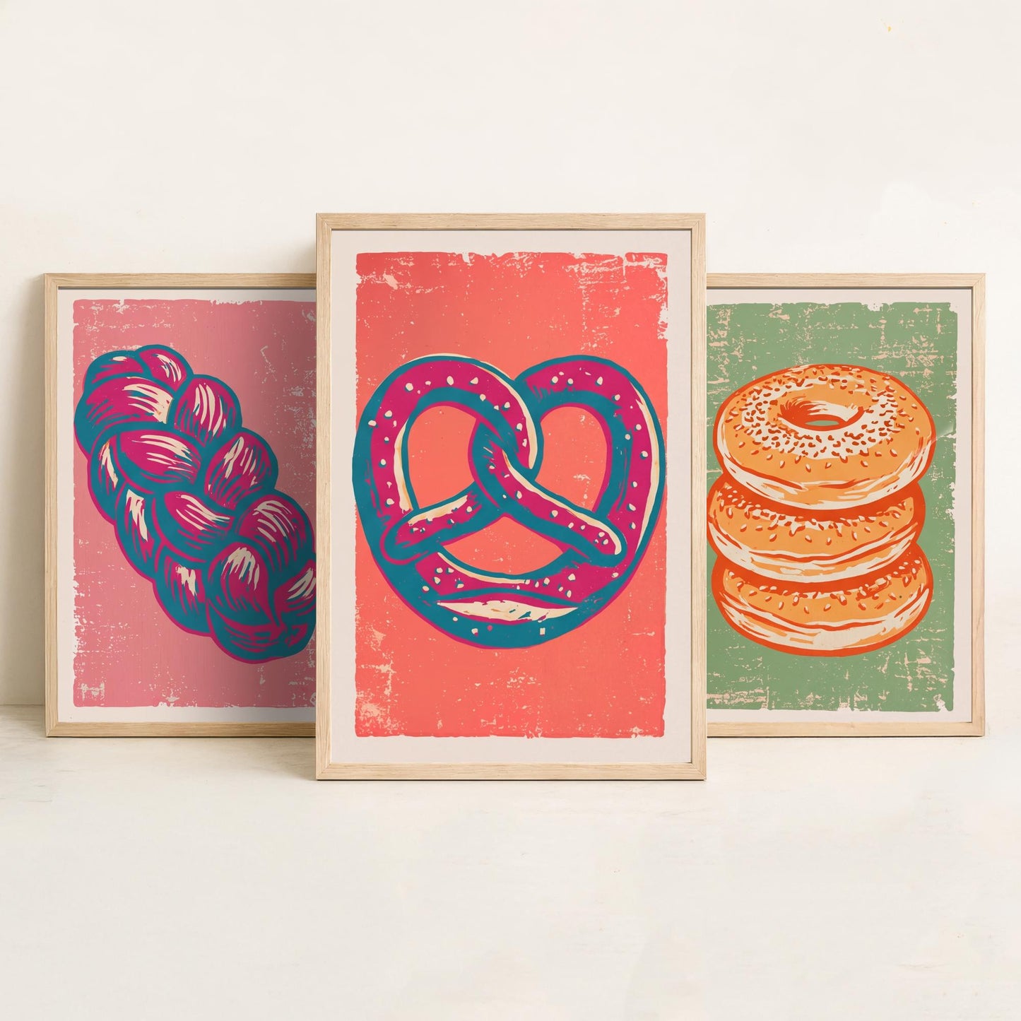 Challah, Bagel Stack and Pretzel - Set of Three Bread and Bakery Art Prints - Linocut Illustrations - Kitchen Posters V2