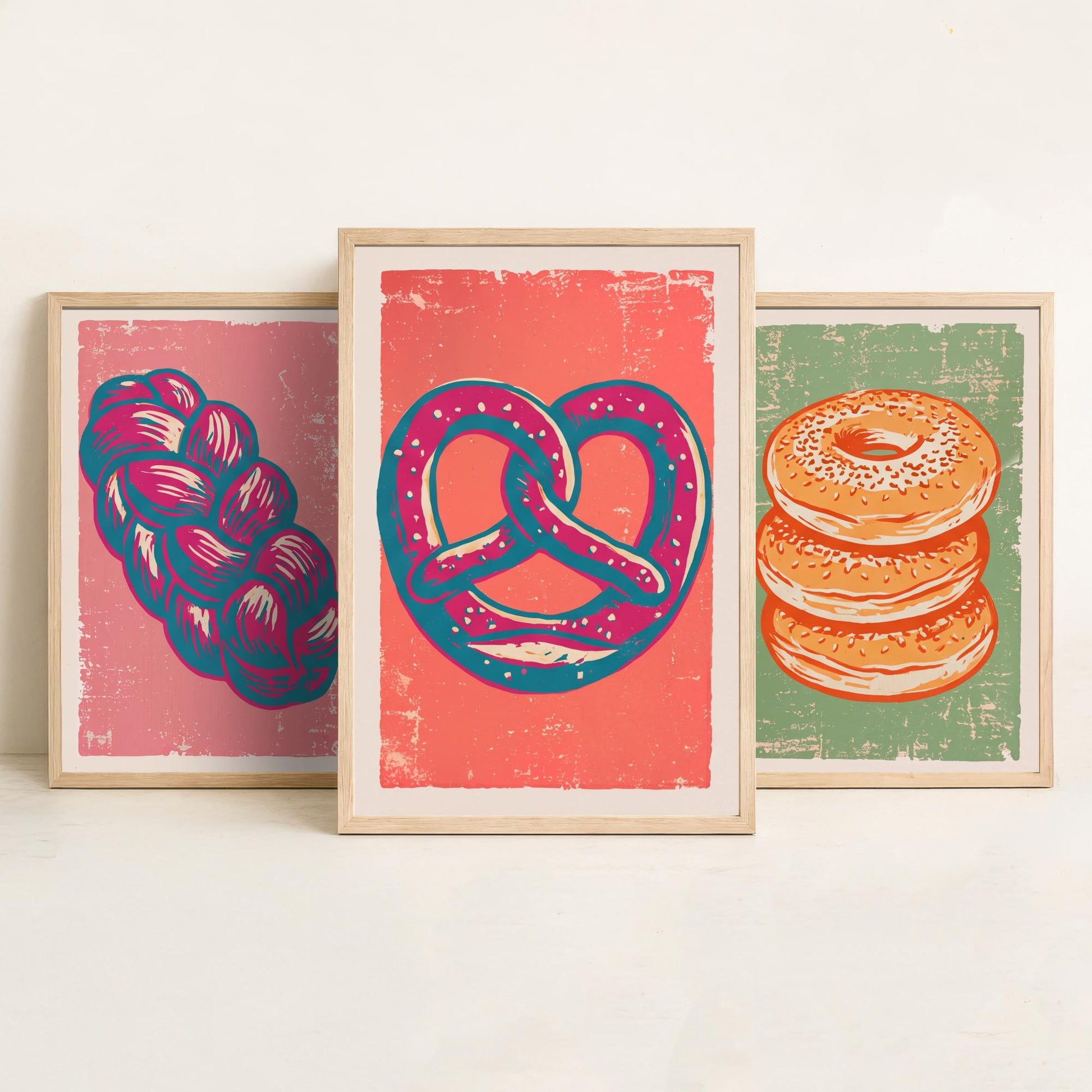 Challah, Bagel Stack and Pretzel - Set of Three Bread and Bakery Art Prints - Linocut Illustrations - Kitchen Posters V2