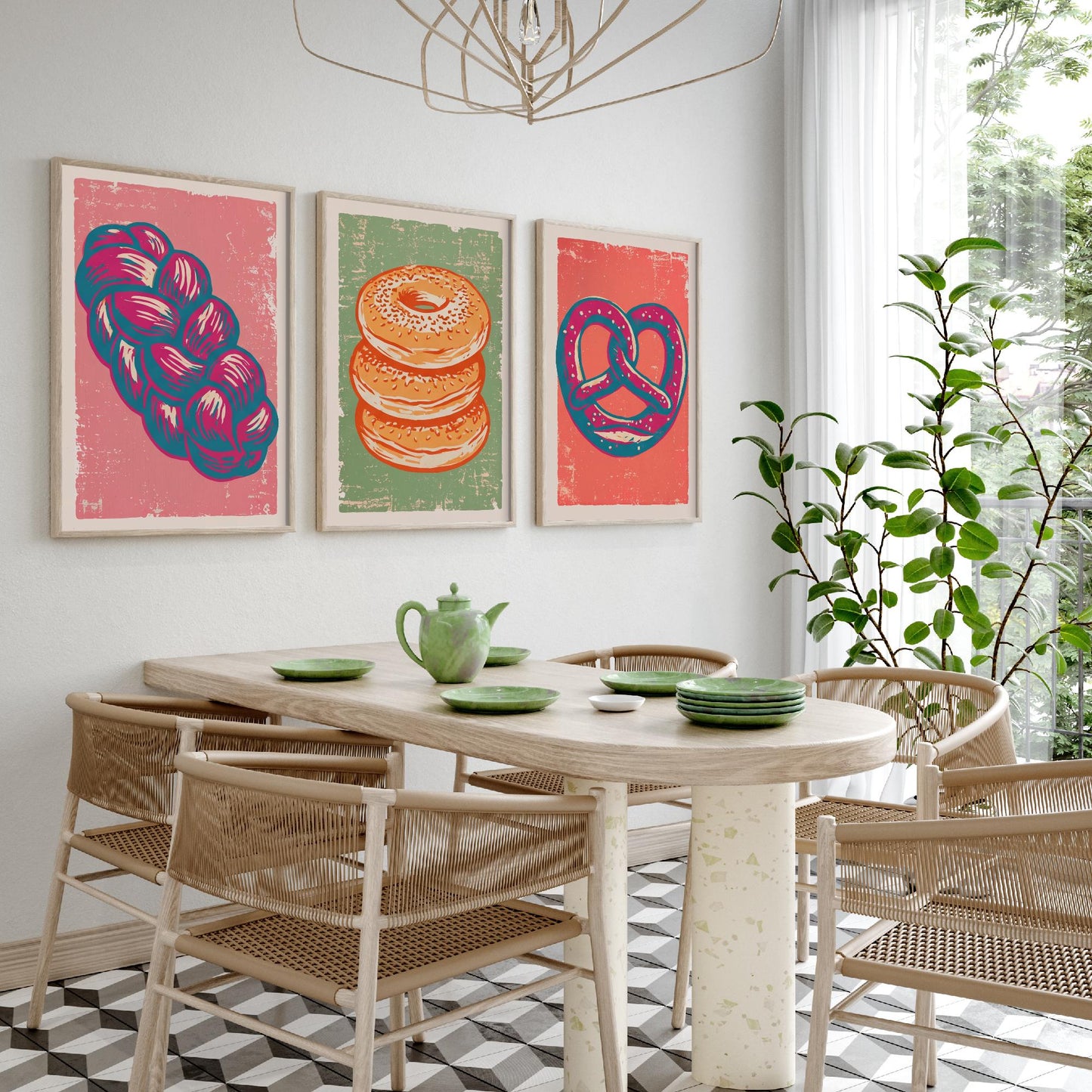 Challah, Bagel Stack and Pretzel - Set of Three Bread and Bakery Art Prints - Linocut Illustrations - Kitchen Posters V2