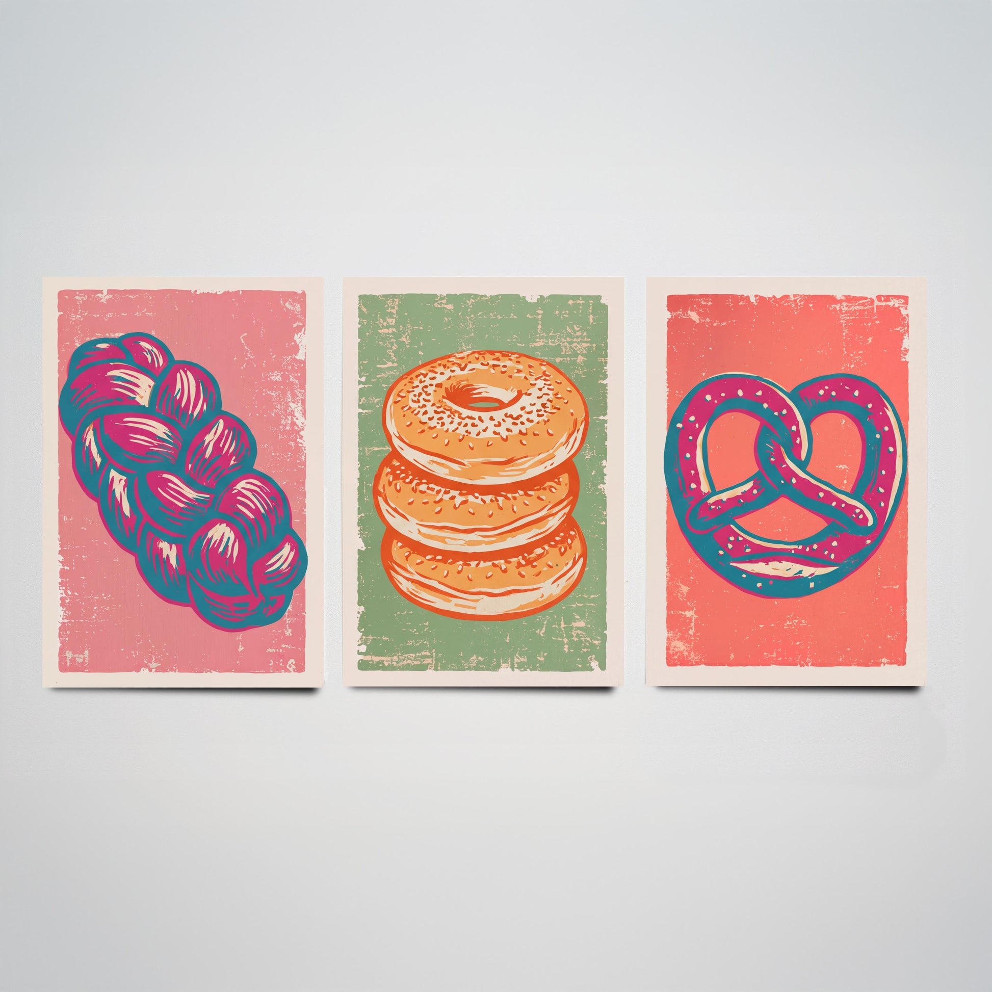 Challah, Bagel Stack and Pretzel - Set of Three Bread and Bakery Art Prints - Linocut Illustrations - Kitchen Posters V2