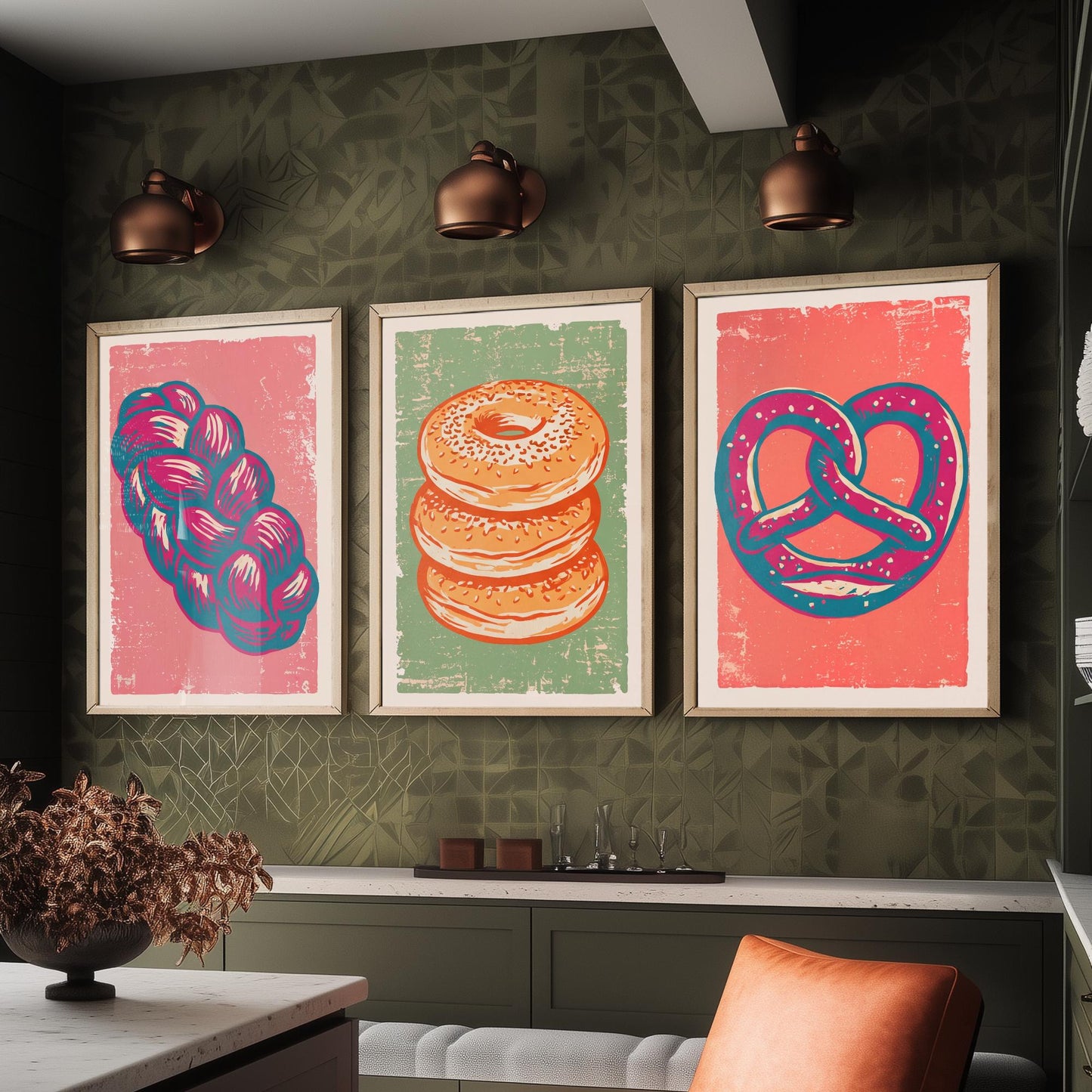 Challah, Bagel Stack and Pretzel - Set of Three Bread and Bakery Art Prints - Linocut Illustrations - Kitchen Posters V2