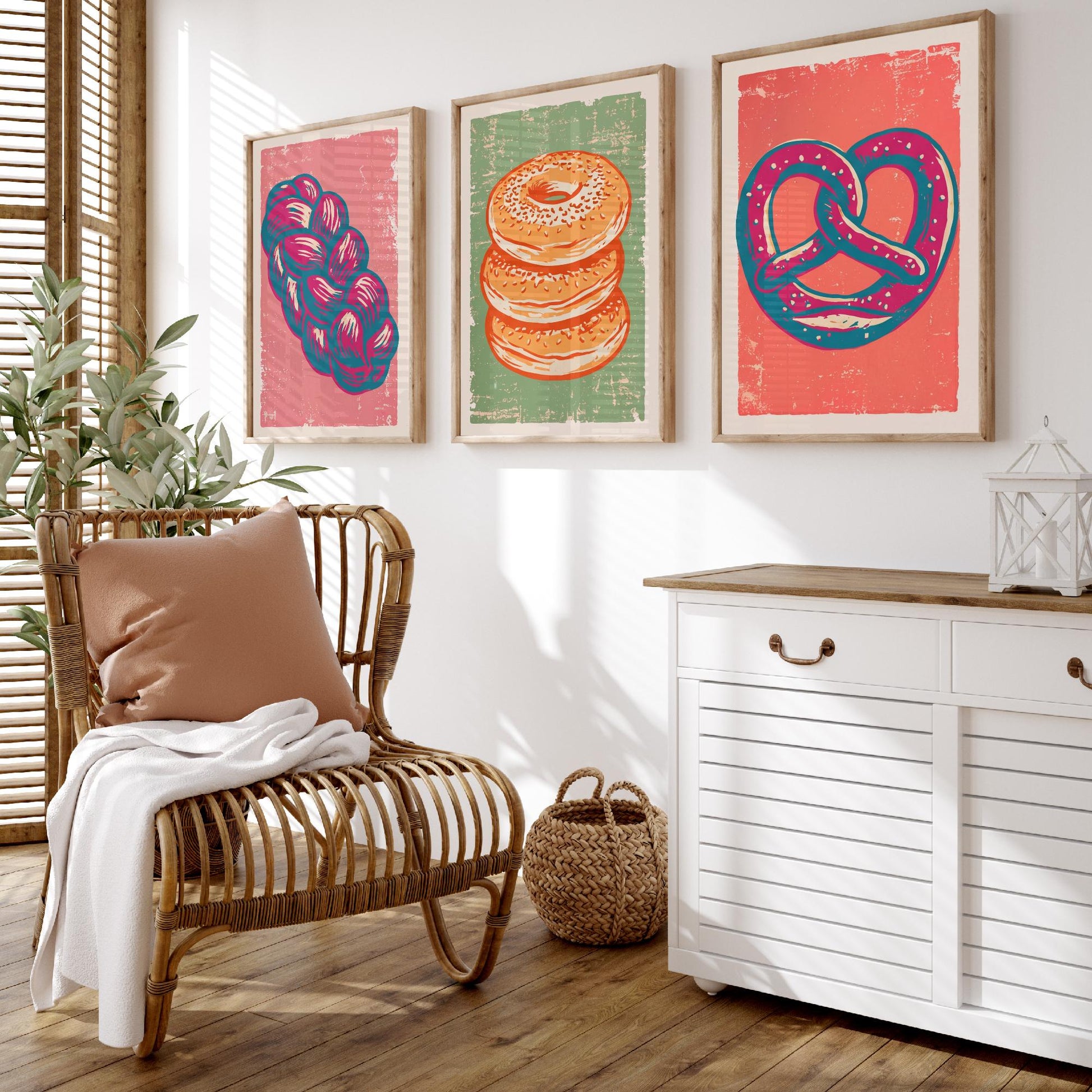 Challah, Bagel Stack and Pretzel - Set of Three Bread and Bakery Art Prints - Linocut Illustrations - Kitchen Posters V2