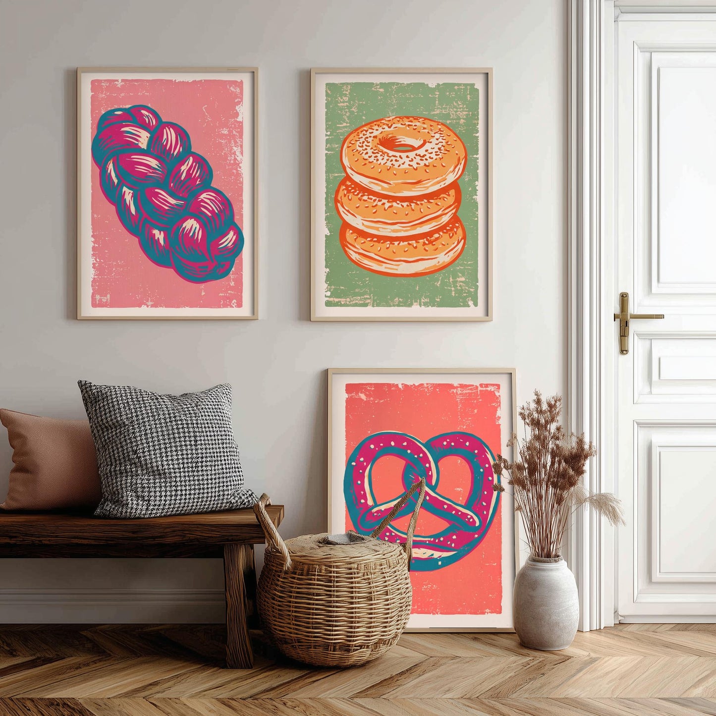 Challah, Bagel Stack and Pretzel - Set of Three Bread and Bakery Art Prints - Linocut Illustrations - Kitchen Posters V2