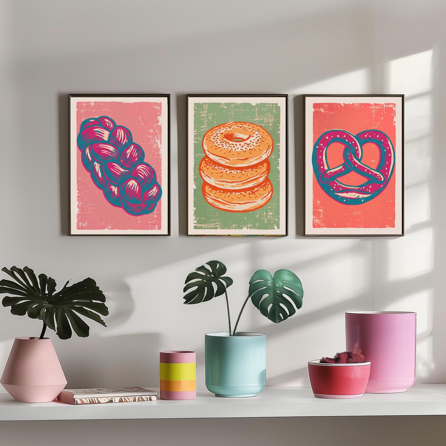 Challah, Bagel Stack and Pretzel - Set of Three Bread and Bakery Art Prints - Linocut Illustrations - Kitchen Posters V2