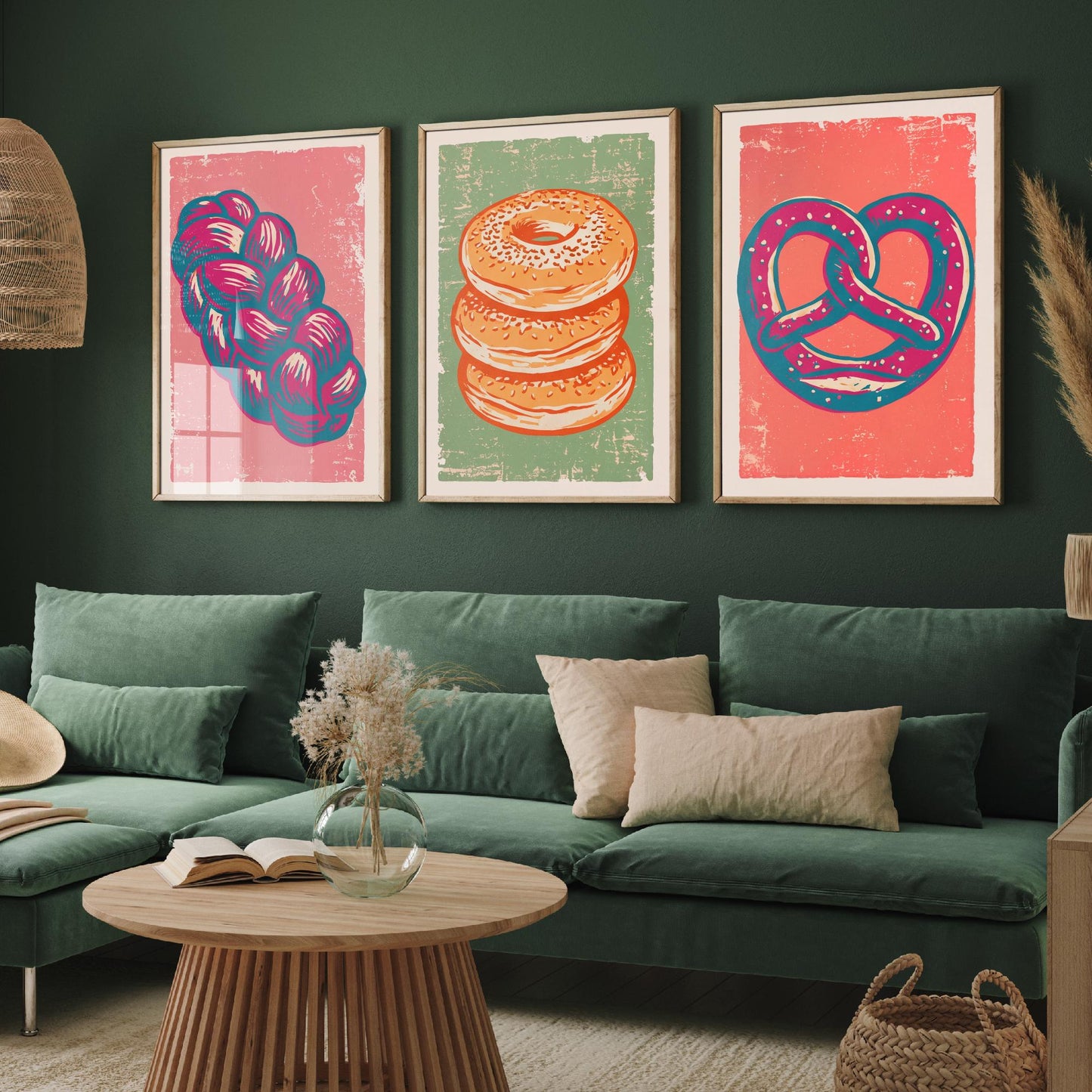 Challah, Bagel Stack and Pretzel - Set of Three Bread and Bakery Art Prints - Linocut Illustrations - Kitchen Posters V2
