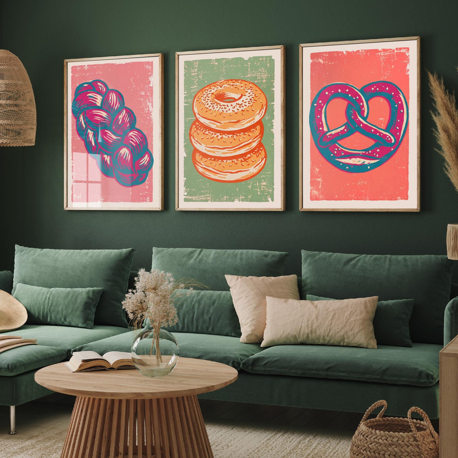 Challah, Bagel Stack and Pretzel - Set of Three Bread and Bakery Art Prints - Linocut Illustrations - Kitchen Posters V2