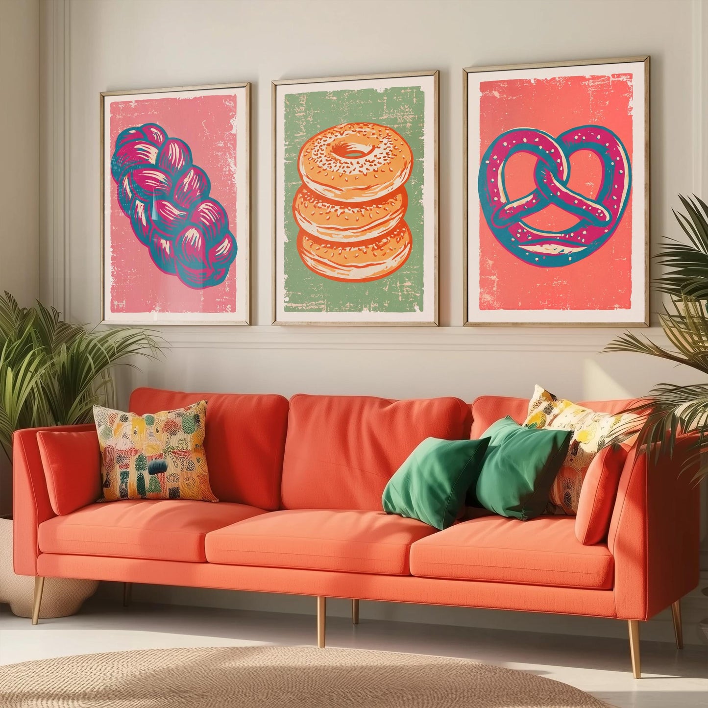 Challah, Bagel Stack and Pretzel - Set of Three Bread and Bakery Art Prints - Linocut Illustrations - Kitchen Posters V2