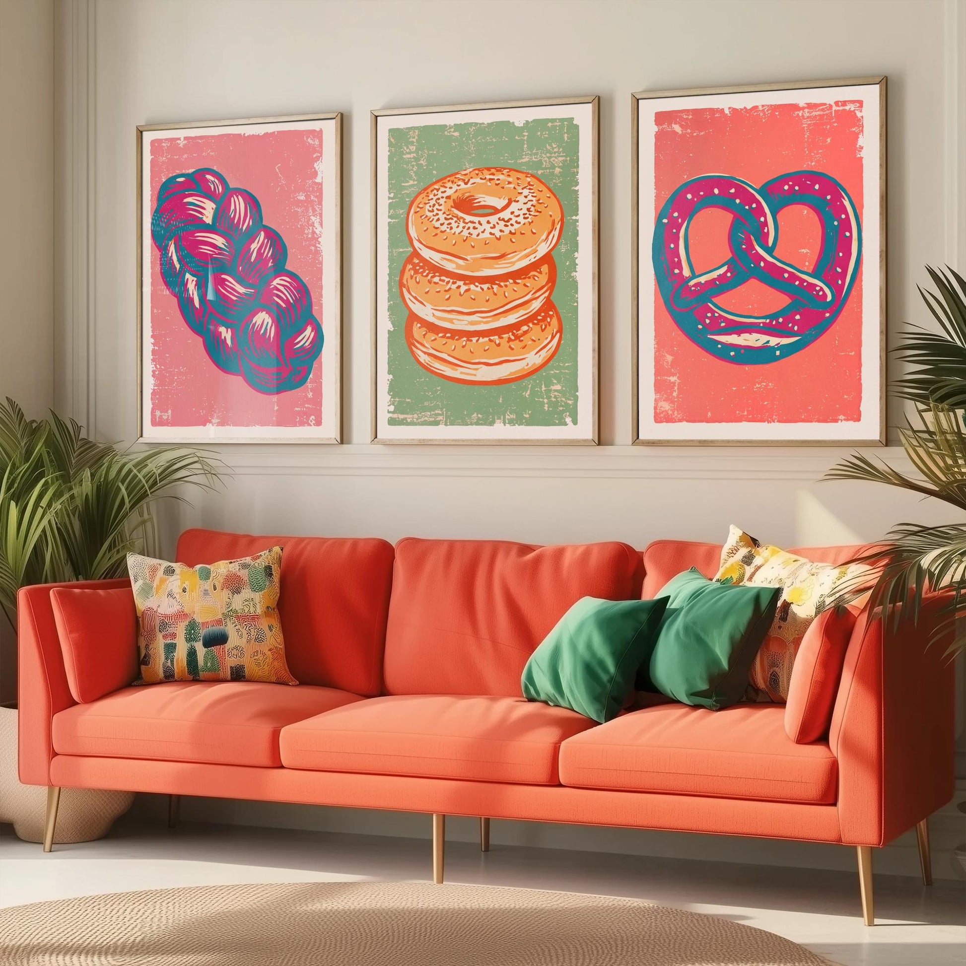 Challah, Bagel Stack and Pretzel - Set of Three Bread and Bakery Art Prints - Linocut Illustrations - Kitchen Posters V2
