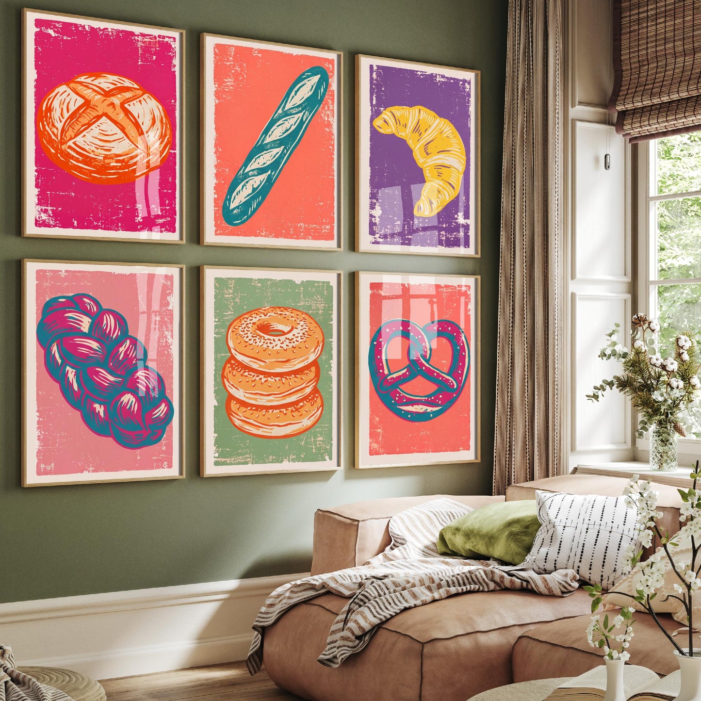 Set of Six Bread and Bakery Art Prints - 6 Linocut Illustrations - Sourdough, Baguette, Croissant, Challah, Bagel, Pretzel - Kitchen Posters