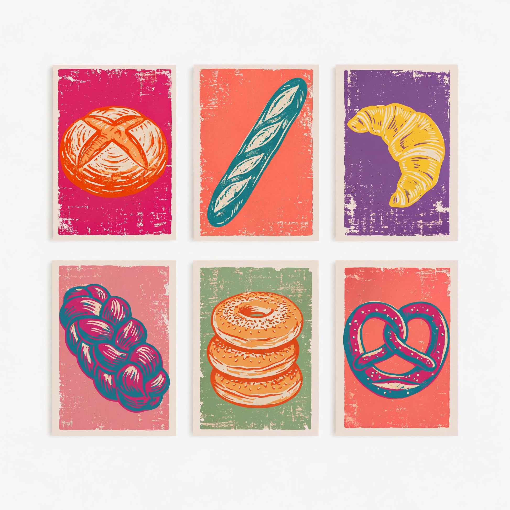 Set of Six Bread and Bakery Art Prints - 6 Linocut Illustrations - Sourdough, Baguette, Croissant, Challah, Bagel, Pretzel - Kitchen Posters