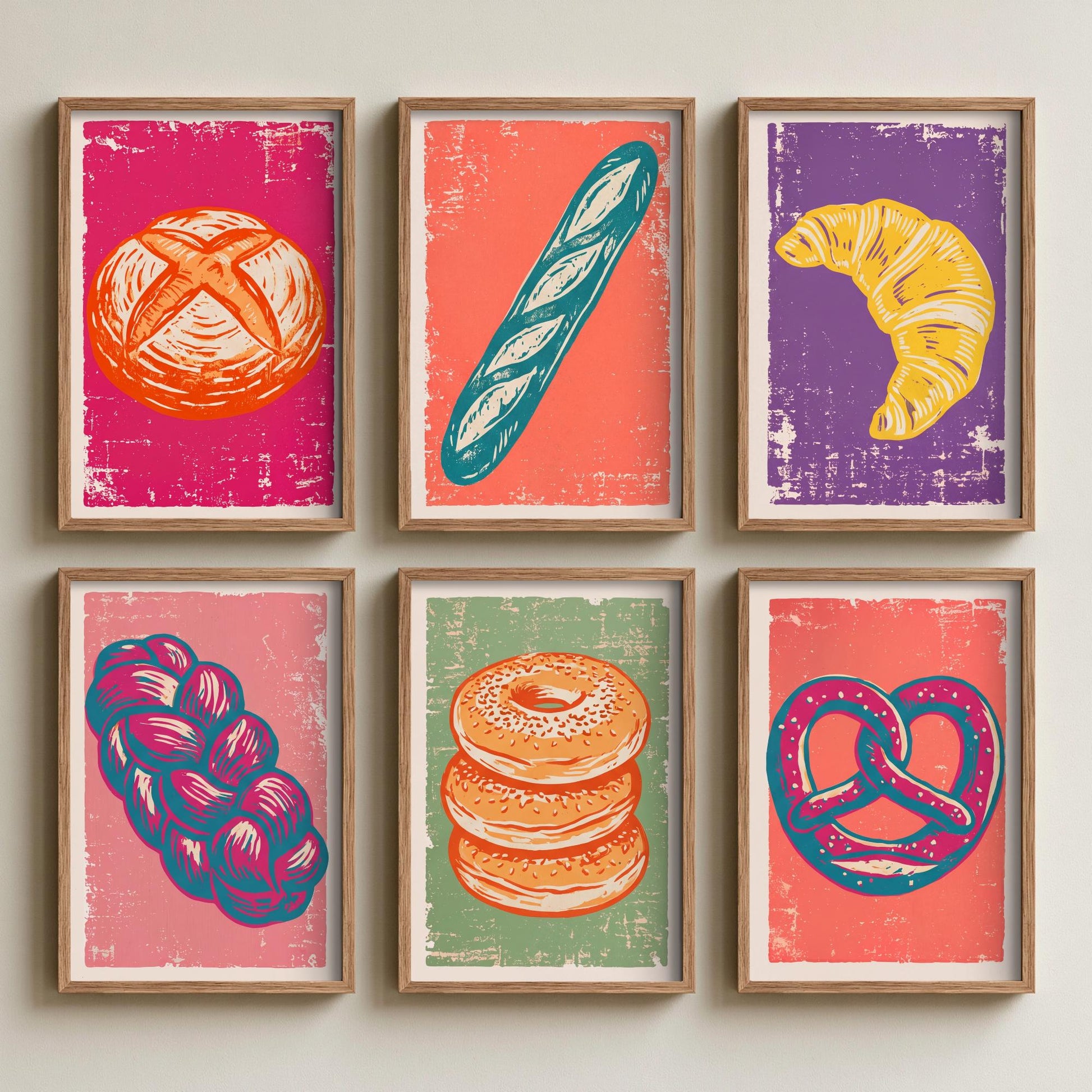 Set of Six Bread and Bakery Art Prints - 6 Linocut Illustrations - Sourdough, Baguette, Croissant, Challah, Bagel, Pretzel - Kitchen Posters