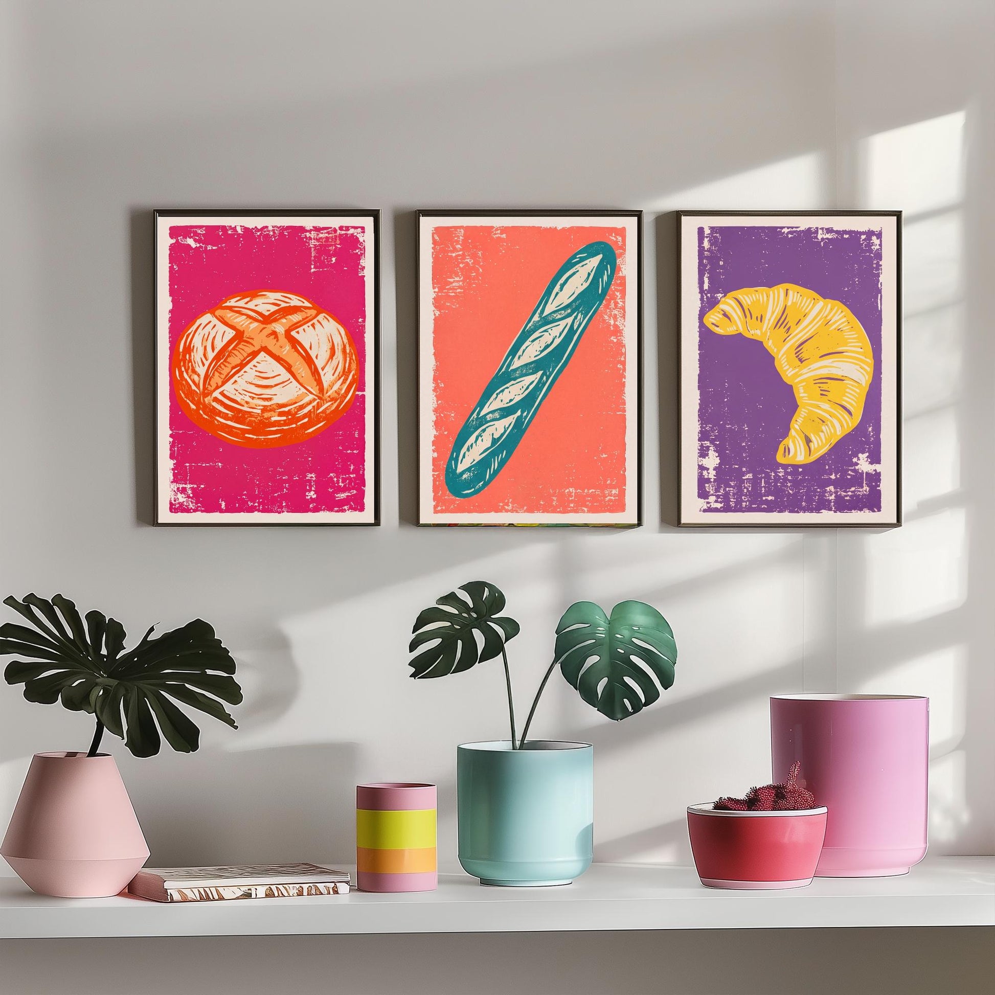 Sourdough, Baguette and Croissant - Set of Three Bread and Bakery Art Prints - Linocut Illustrations - Kitchen Posters V1