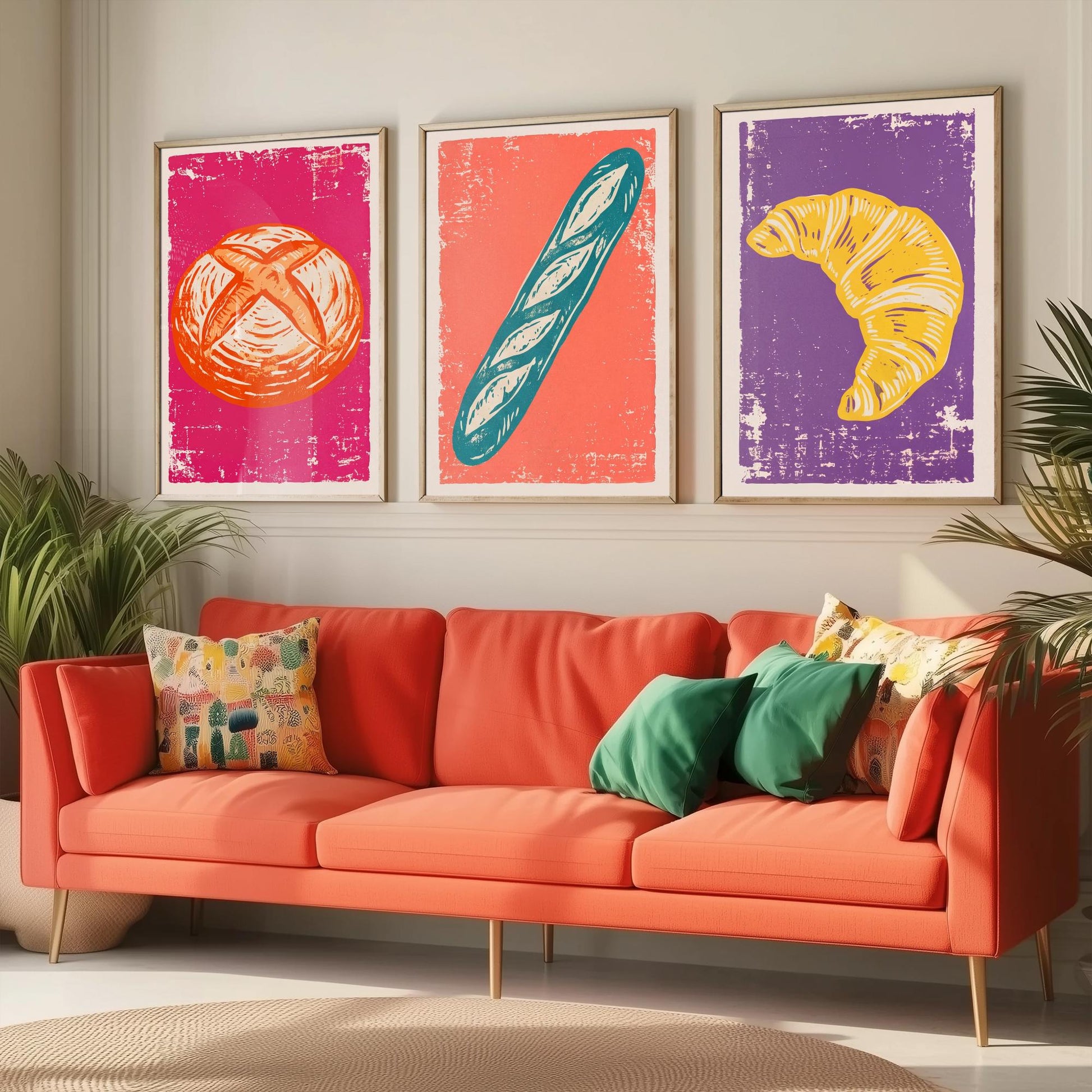Sourdough, Baguette and Croissant - Set of Three Bread and Bakery Art Prints - Linocut Illustrations - Kitchen Posters V1