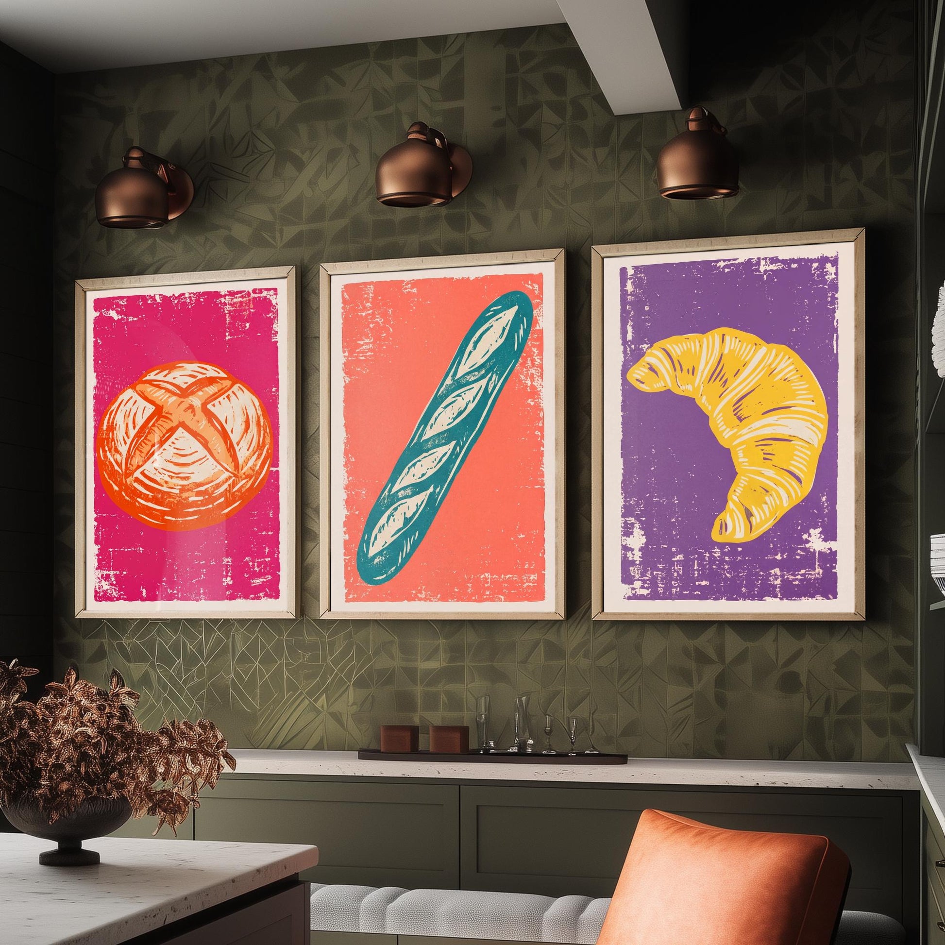 Sourdough, Baguette and Croissant - Set of Three Bread and Bakery Art Prints - Linocut Illustrations - Kitchen Posters V1