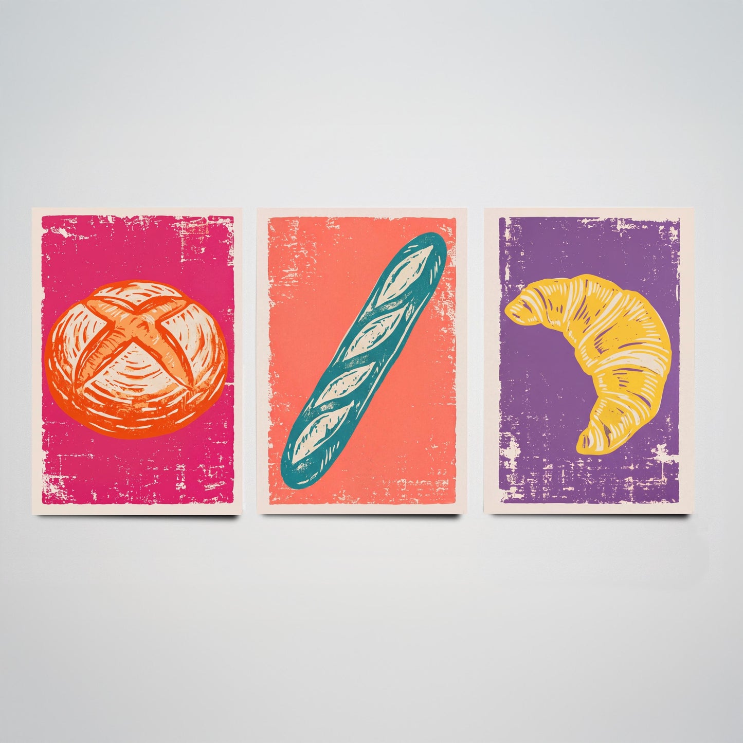 Sourdough, Baguette and Croissant - Set of Three Bread and Bakery Art Prints - Linocut Illustrations - Kitchen Posters V1