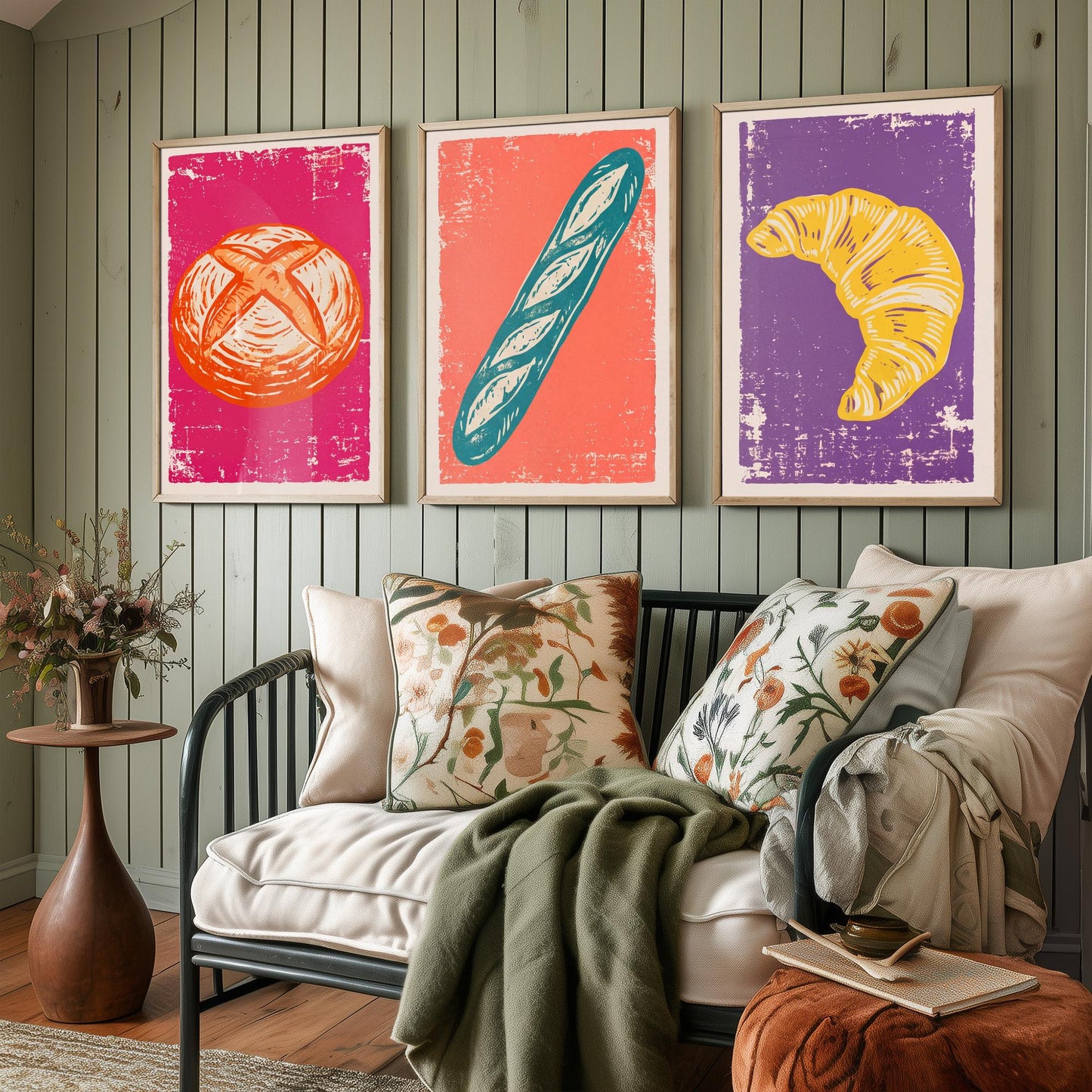 Sourdough, Baguette and Croissant - Set of Three Bread and Bakery Art Prints - Linocut Illustrations - Kitchen Posters V1