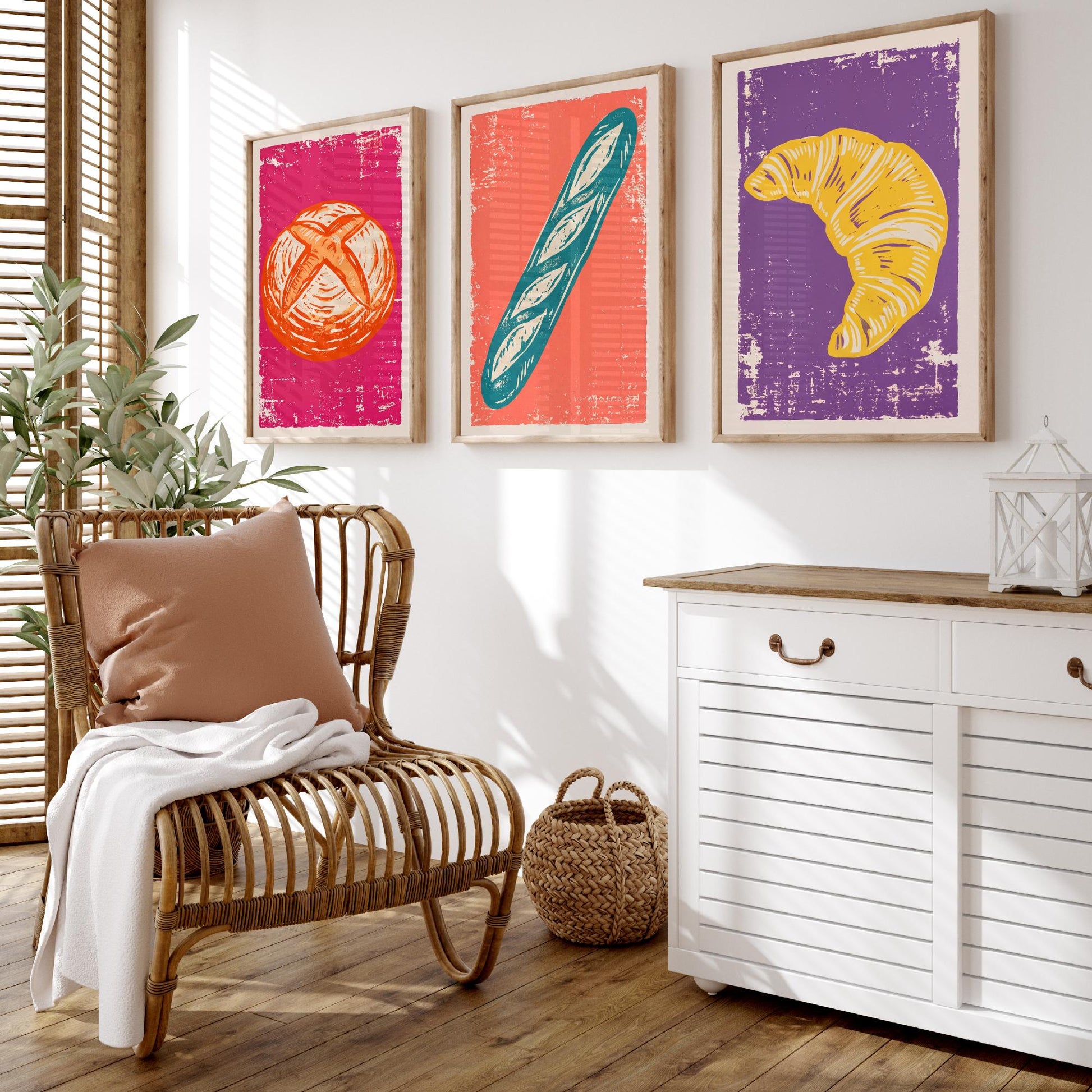 Sourdough, Baguette and Croissant - Set of Three Bread and Bakery Art Prints - Linocut Illustrations - Kitchen Posters V1
