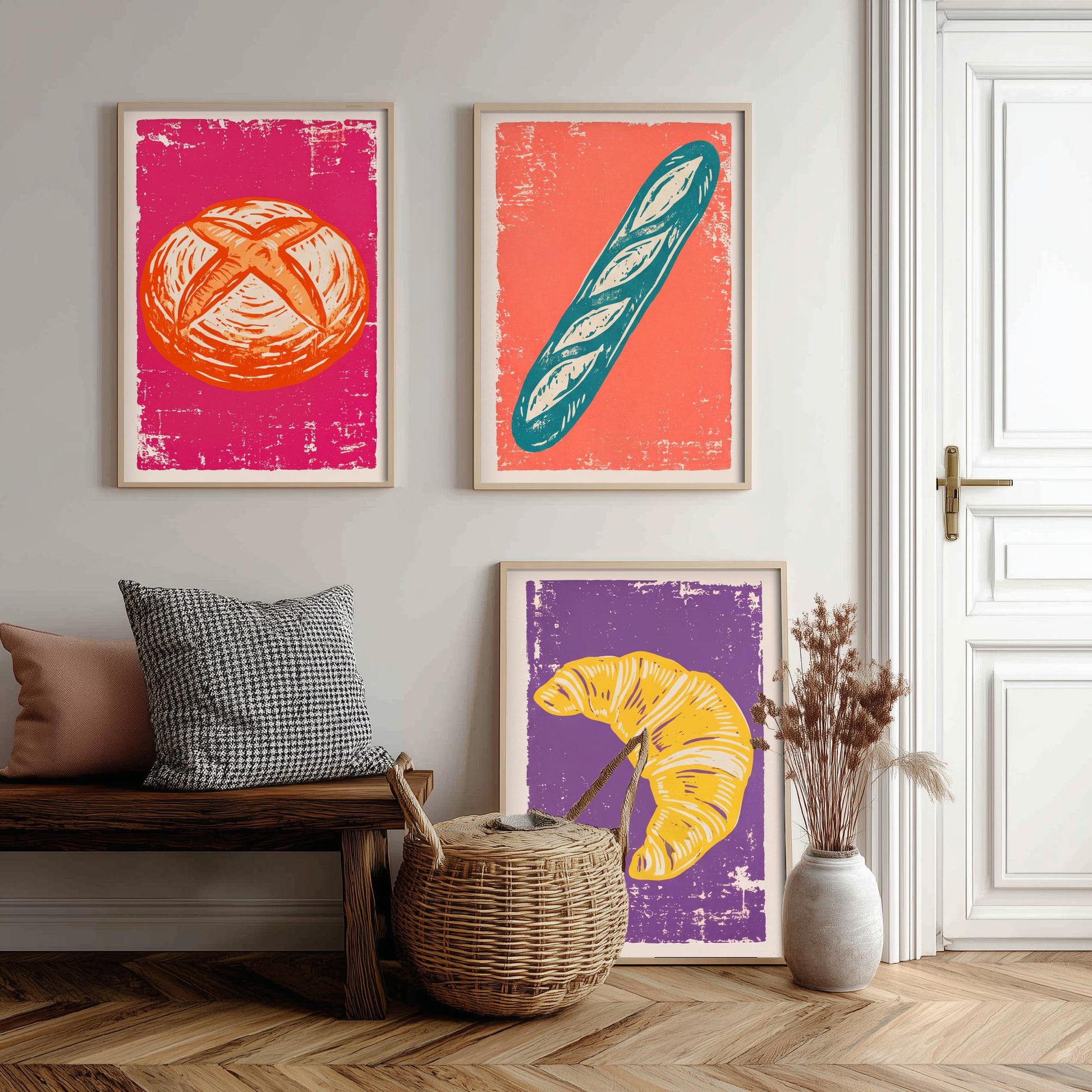 Sourdough, Baguette and Croissant - Set of Three Bread and Bakery Art Prints - Linocut Illustrations - Kitchen Posters V1