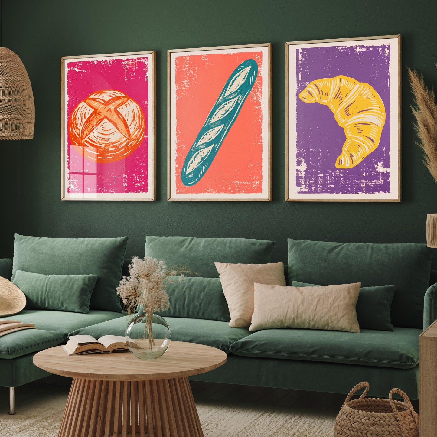 Sourdough, Baguette and Croissant - Set of Three Bread and Bakery Art Prints - Linocut Illustrations - Kitchen Posters V1