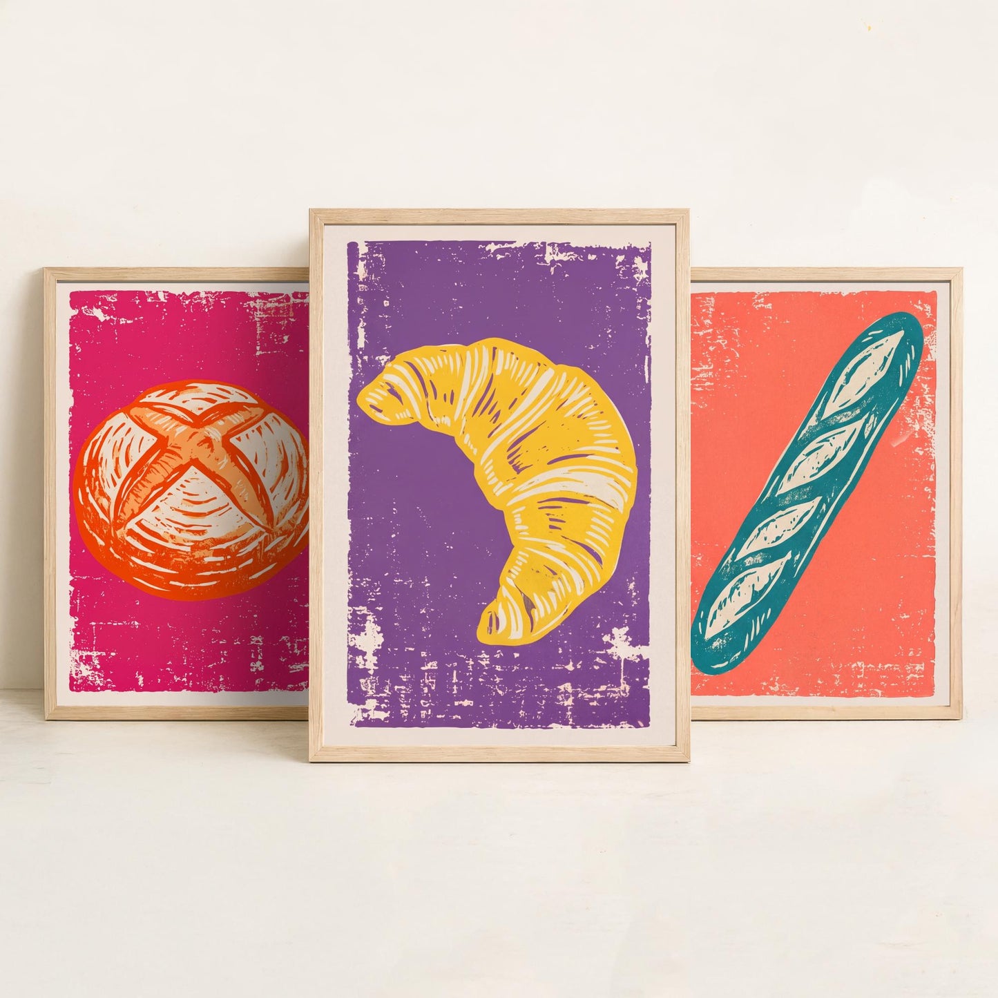 Sourdough, Baguette and Croissant - Set of Three Bread and Bakery Art Prints - Linocut Illustrations - Kitchen Posters V1