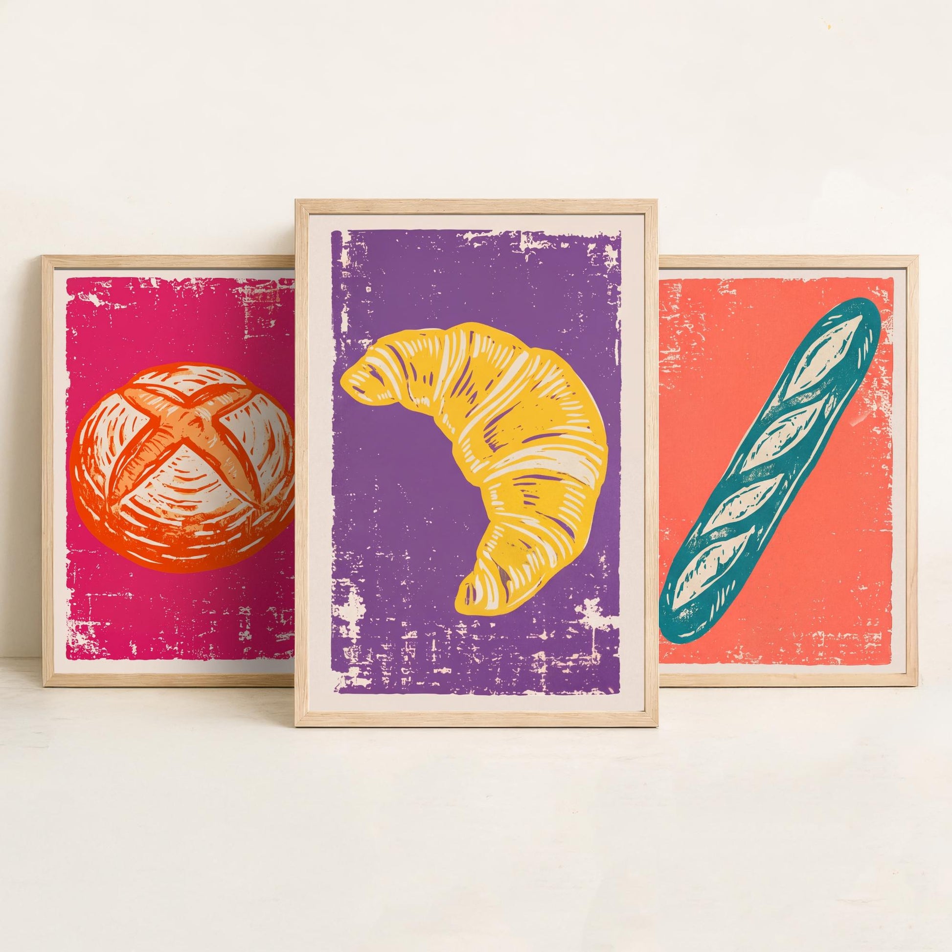 Sourdough, Baguette and Croissant - Set of Three Bread and Bakery Art Prints - Linocut Illustrations - Kitchen Posters V1