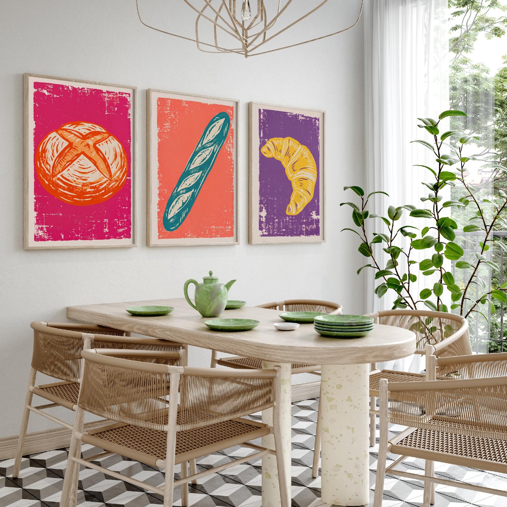 Sourdough, Baguette and Croissant - Set of Three Bread and Bakery Art Prints - Linocut Illustrations - Kitchen Posters V1