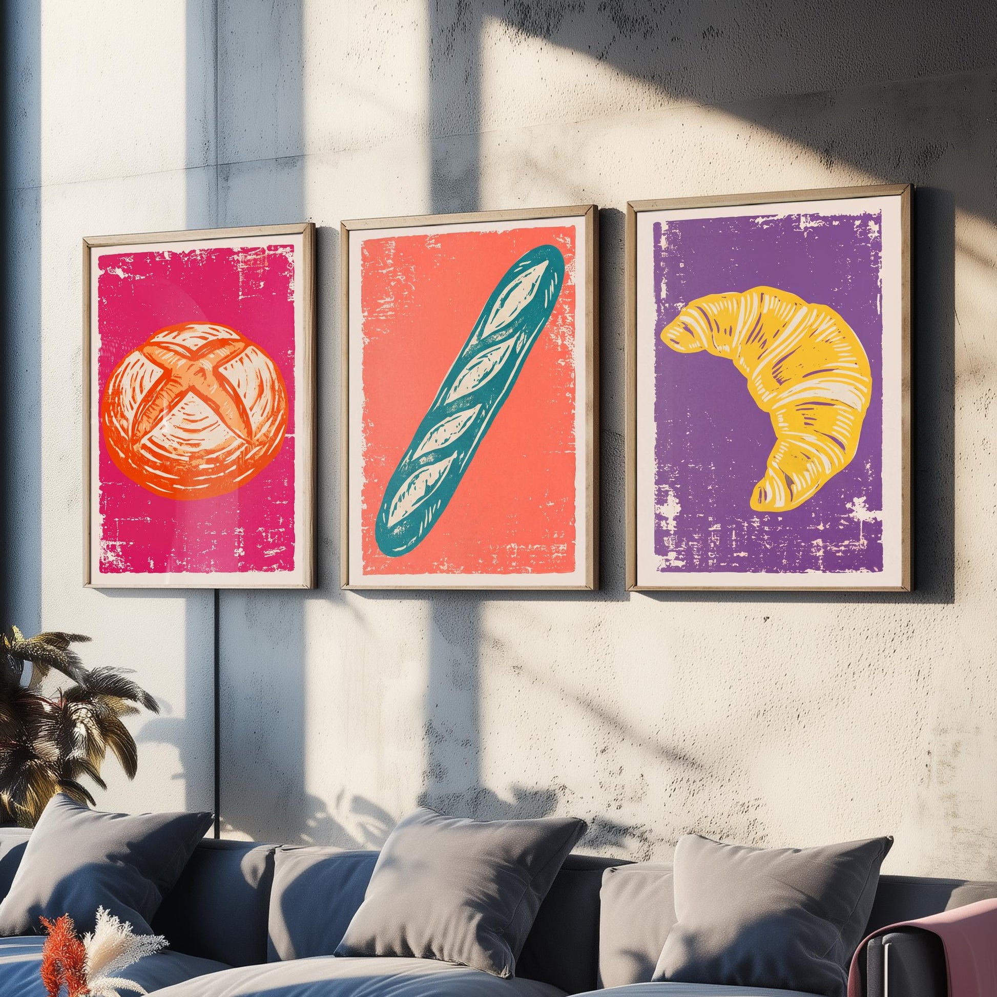 Sourdough, Baguette and Croissant - Set of Three Bread and Bakery Art Prints - Linocut Illustrations - Kitchen Posters V1