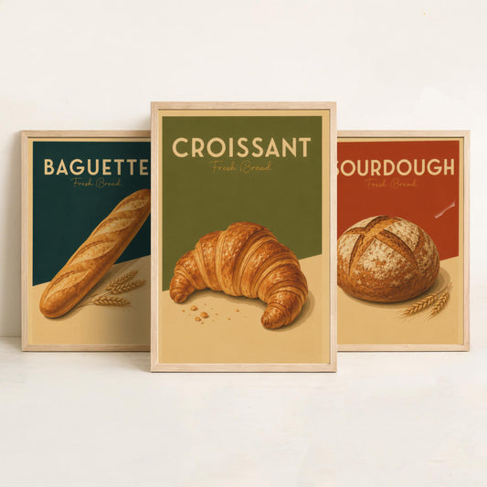 Vintage Bread Set of Three Kitchen Art Prints - Baguette, Sourdough, Croissant - Retro Bakery Poster Illustration Gift Decor