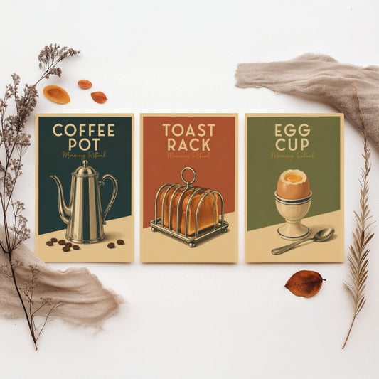 Vintage Breakfast Set of Three Kitchen Art Prints - Coffee Pot, Toast Rack, Egg Cup - Retro Poster Illustration Gift Decor